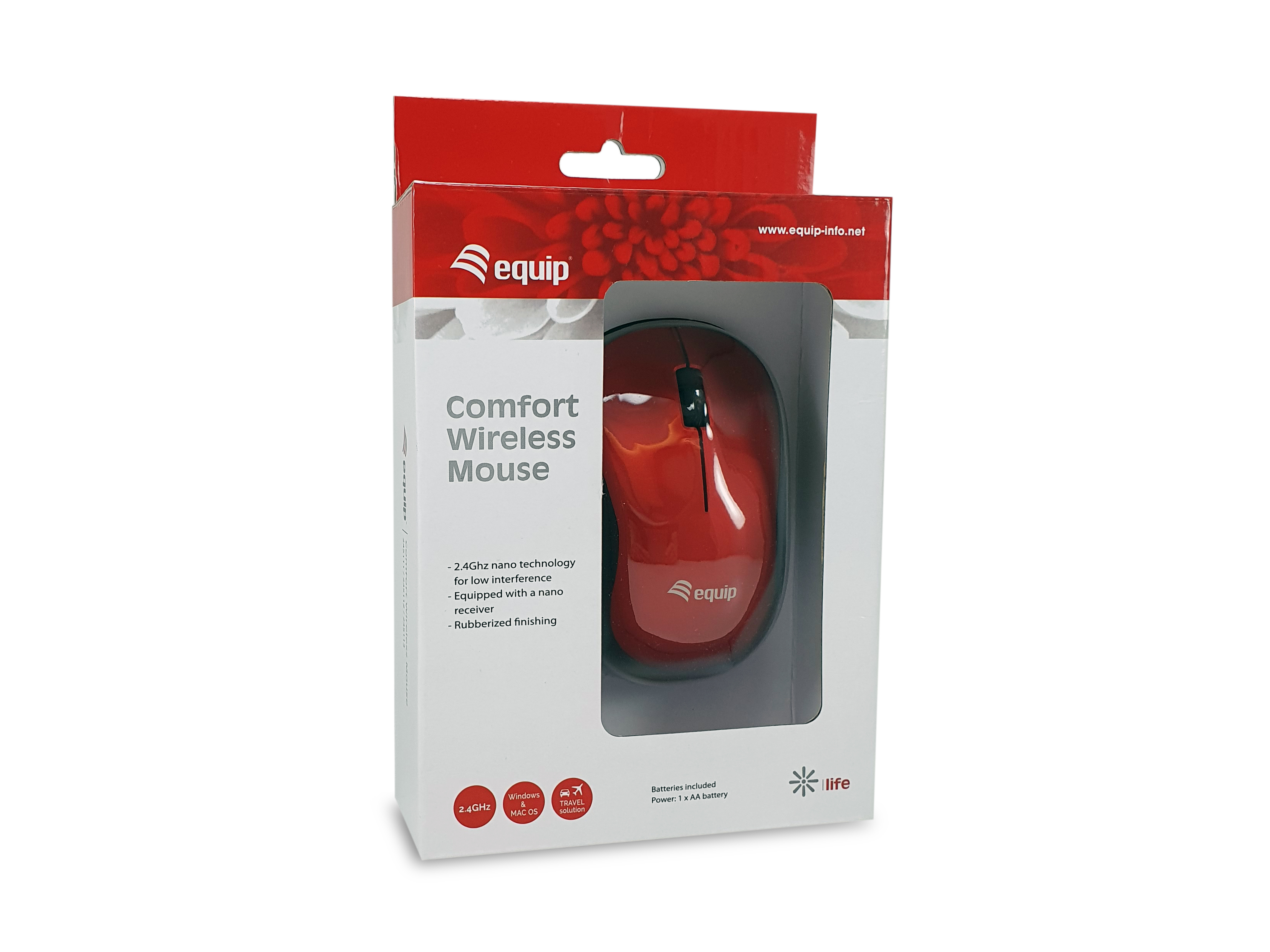 Rode draadloze muis in een doos met productdetails.