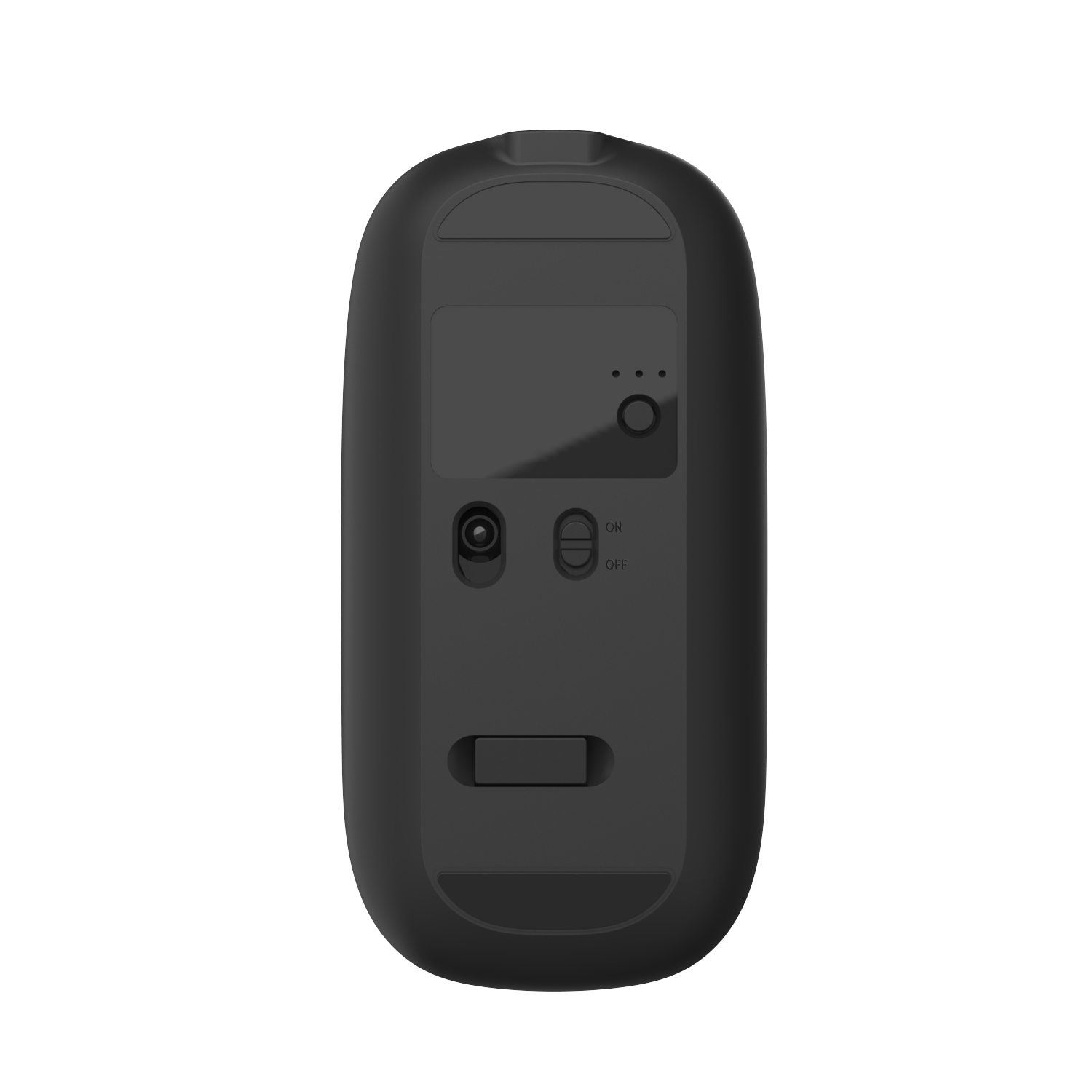 Eine schwarze Computermaus mit Ein-/Ausschalter und Ladepunkten.