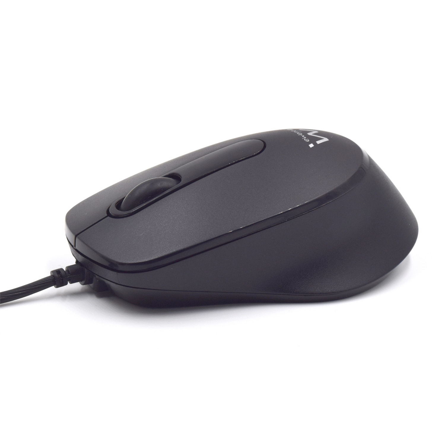 Een zwarte computermuis met een scrollwiel en een kabel.