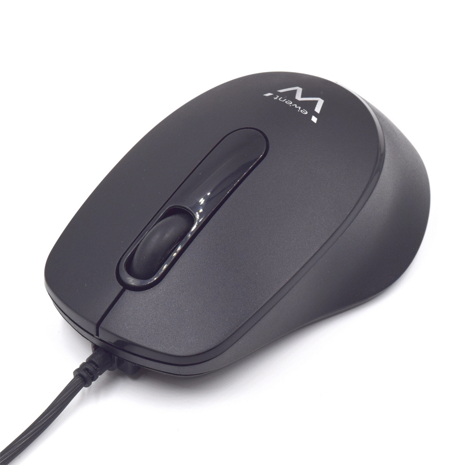 Zwarte computermuis met een scrollwiel en een snoer.