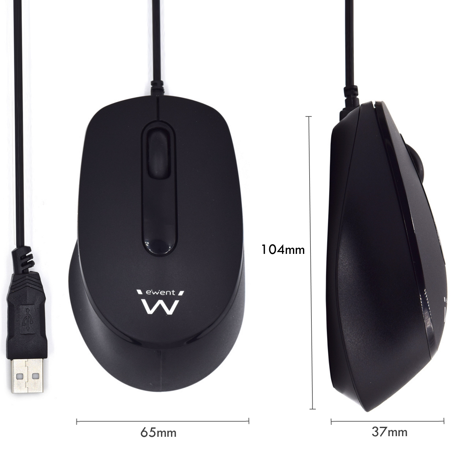 Computermuis met USB-kabel, afmetingen: 65 mm x 37 mm x 104 mm.