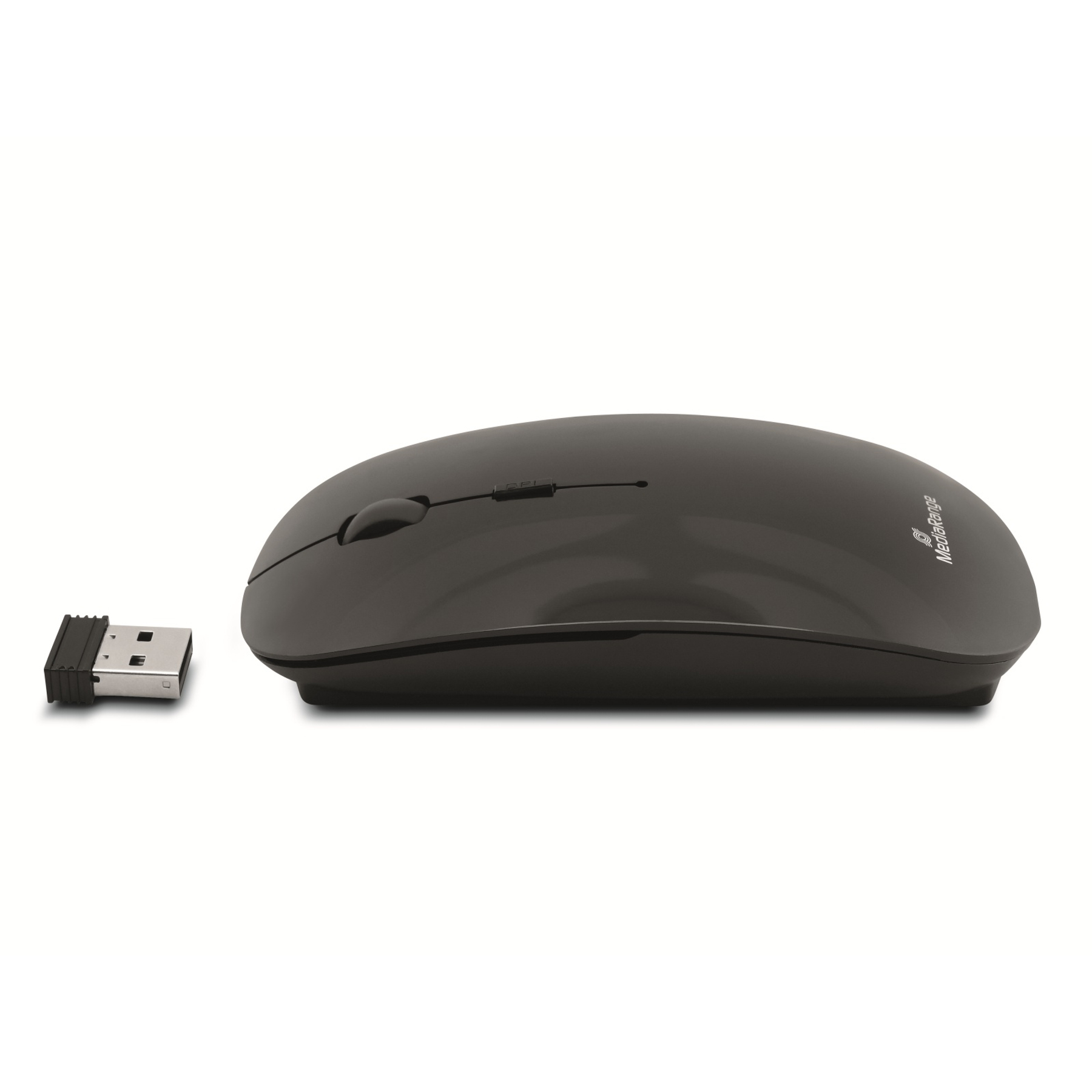 Black computer mouse with a USB receiver. Wireless design.