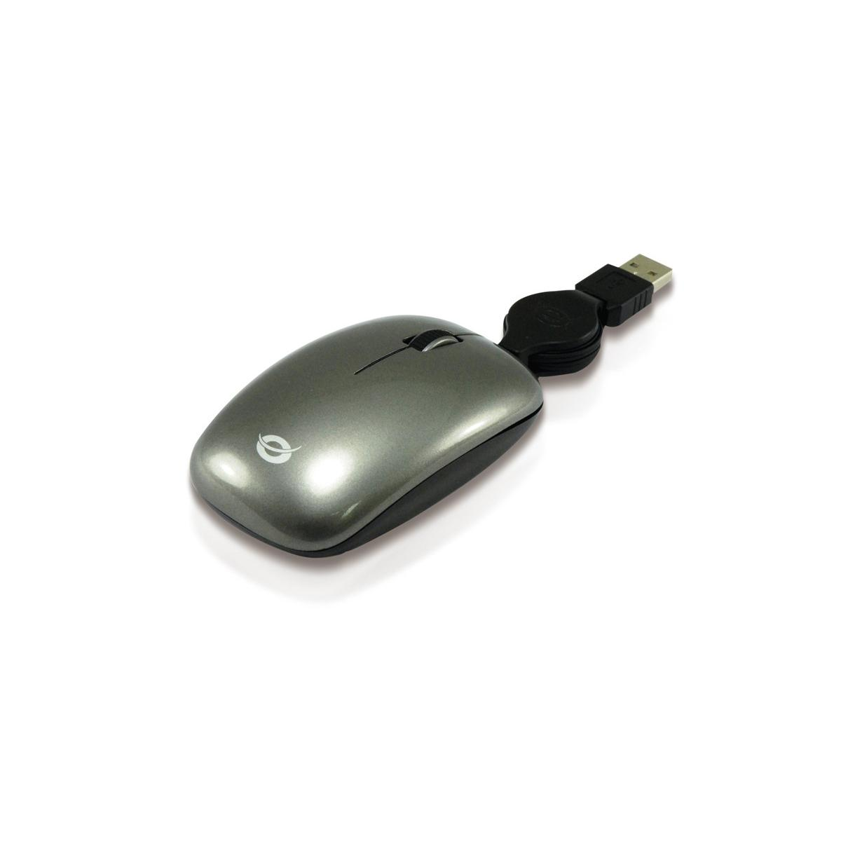 Mouse grigio con cavo USB retrattile nero e sfondo bianco.