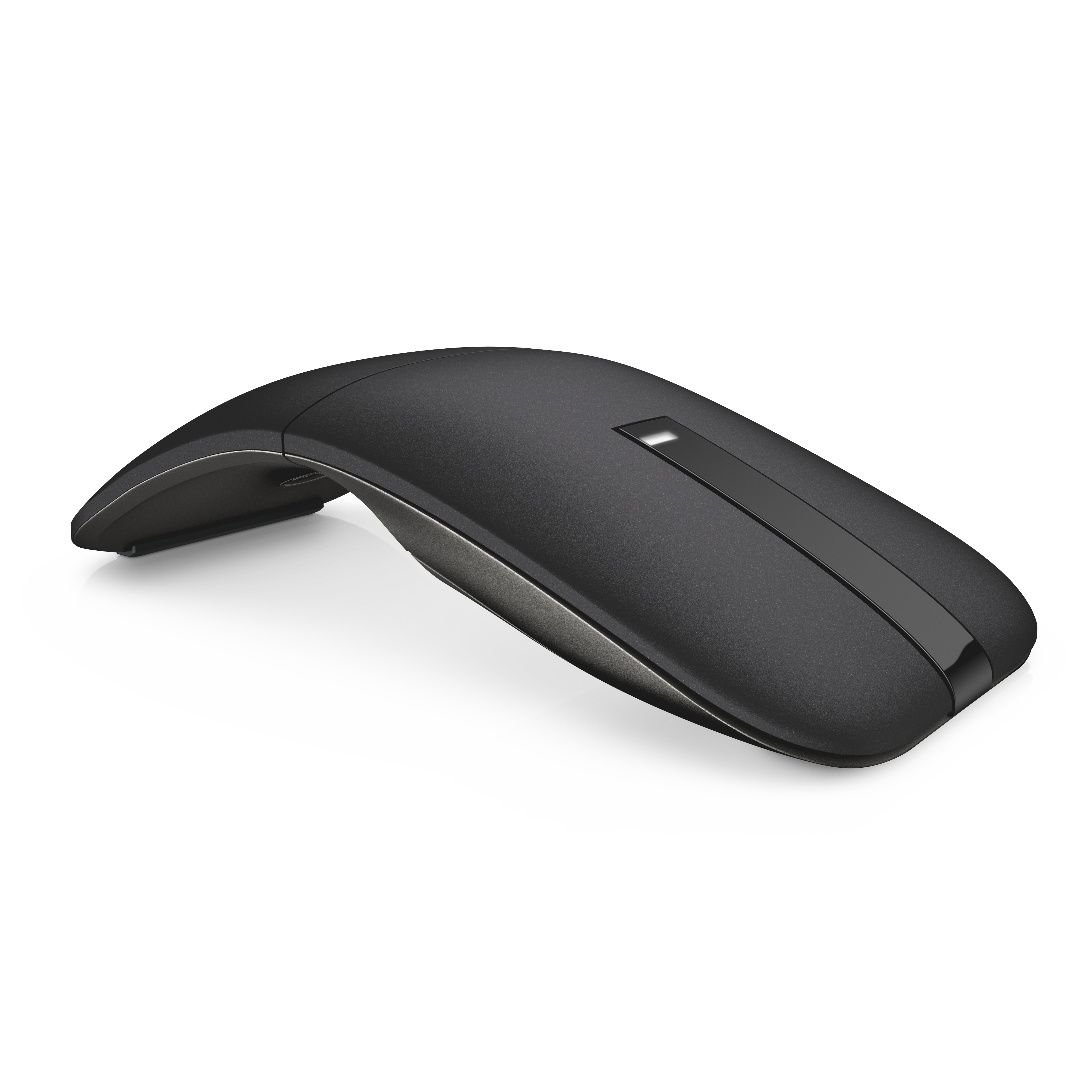 Ratón inalámbrico negro con diseño plano. Tiene una forma ligeramente curvada.