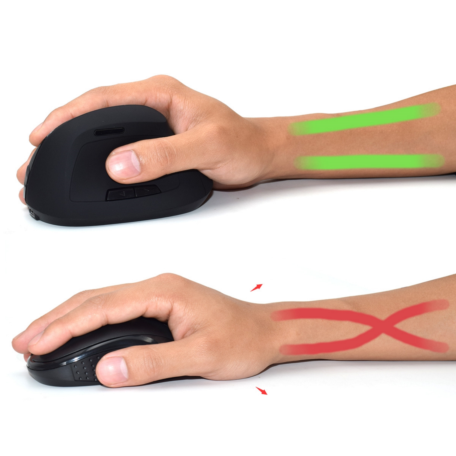 Hände benutzen ergonomische Maus, zeigen gute und schlechte Handgelenkpositionen.