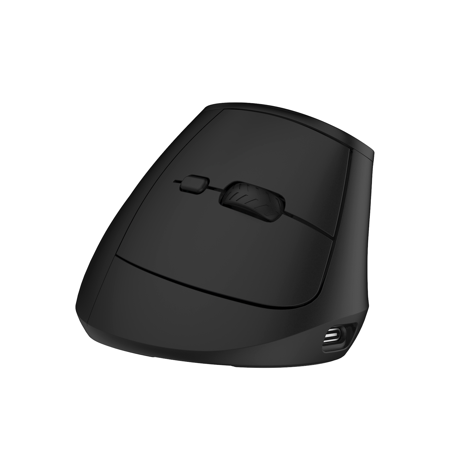 Een zwarte ergonomische computermuis. Hij heeft een verticaal ontwerp en een USB-poort.