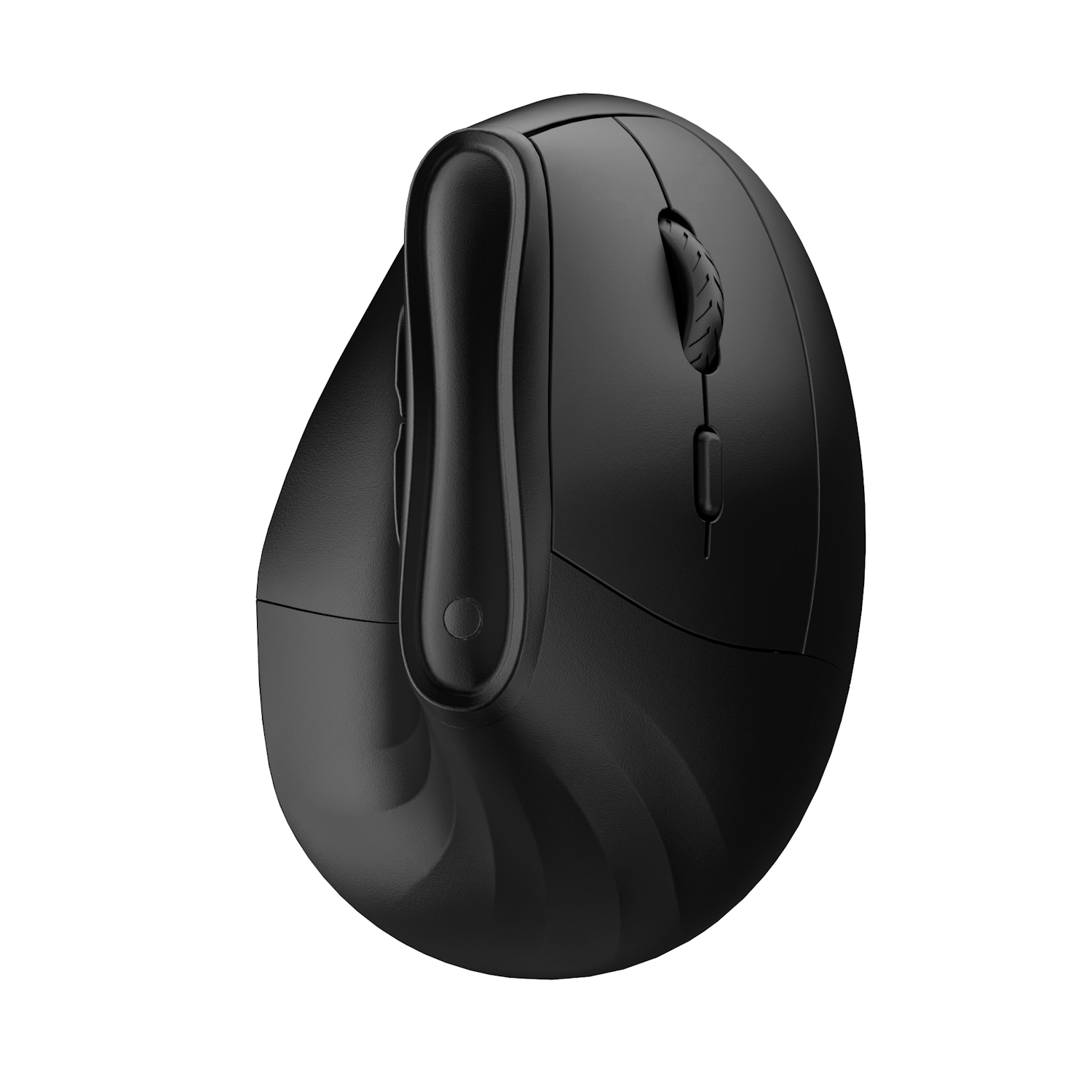 Zwarte ergonomische muis, ontworpen voor verticale grip. Het heeft een scrollwiel en knoppen.
