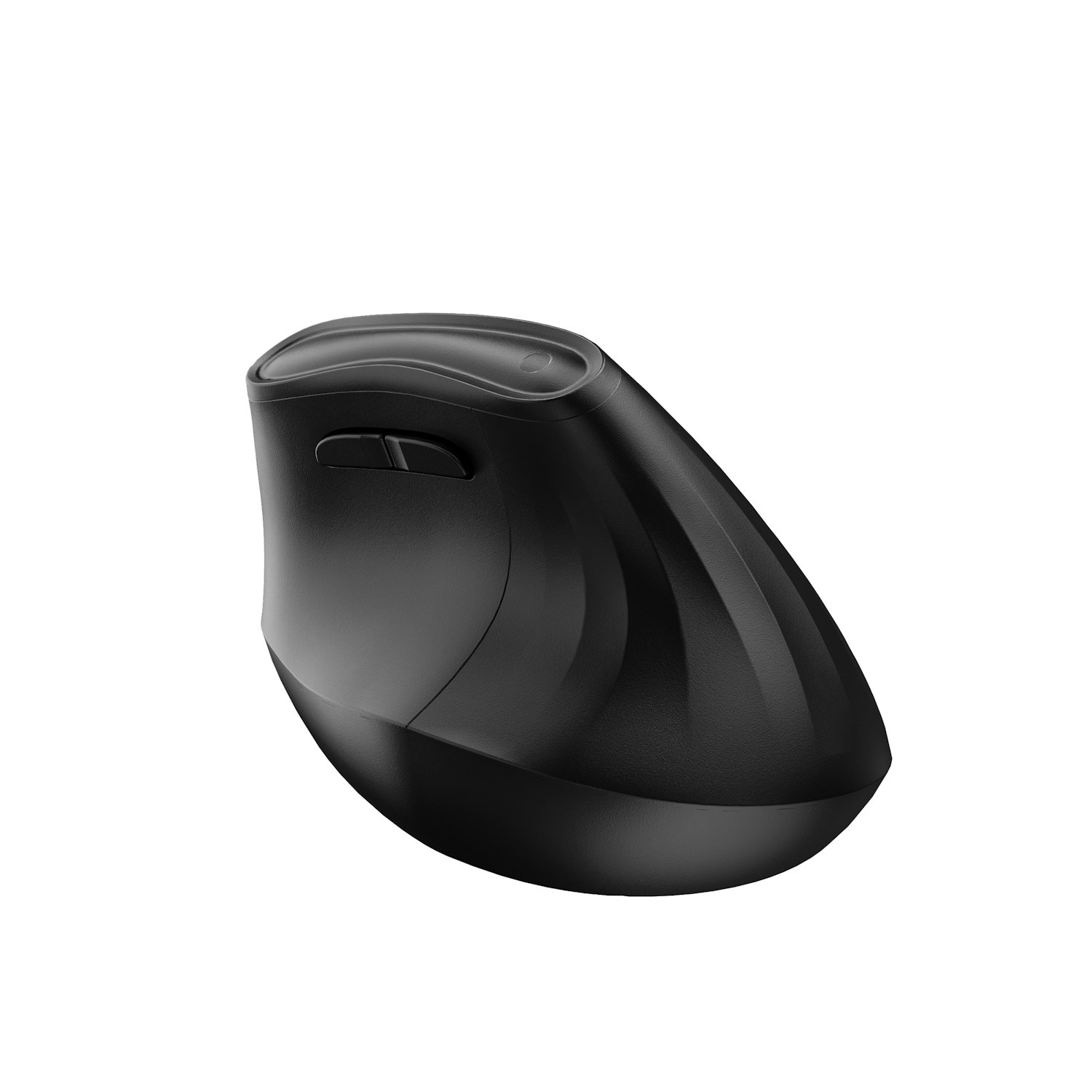 Zwarte ergonomische muis op een witte achtergrond.