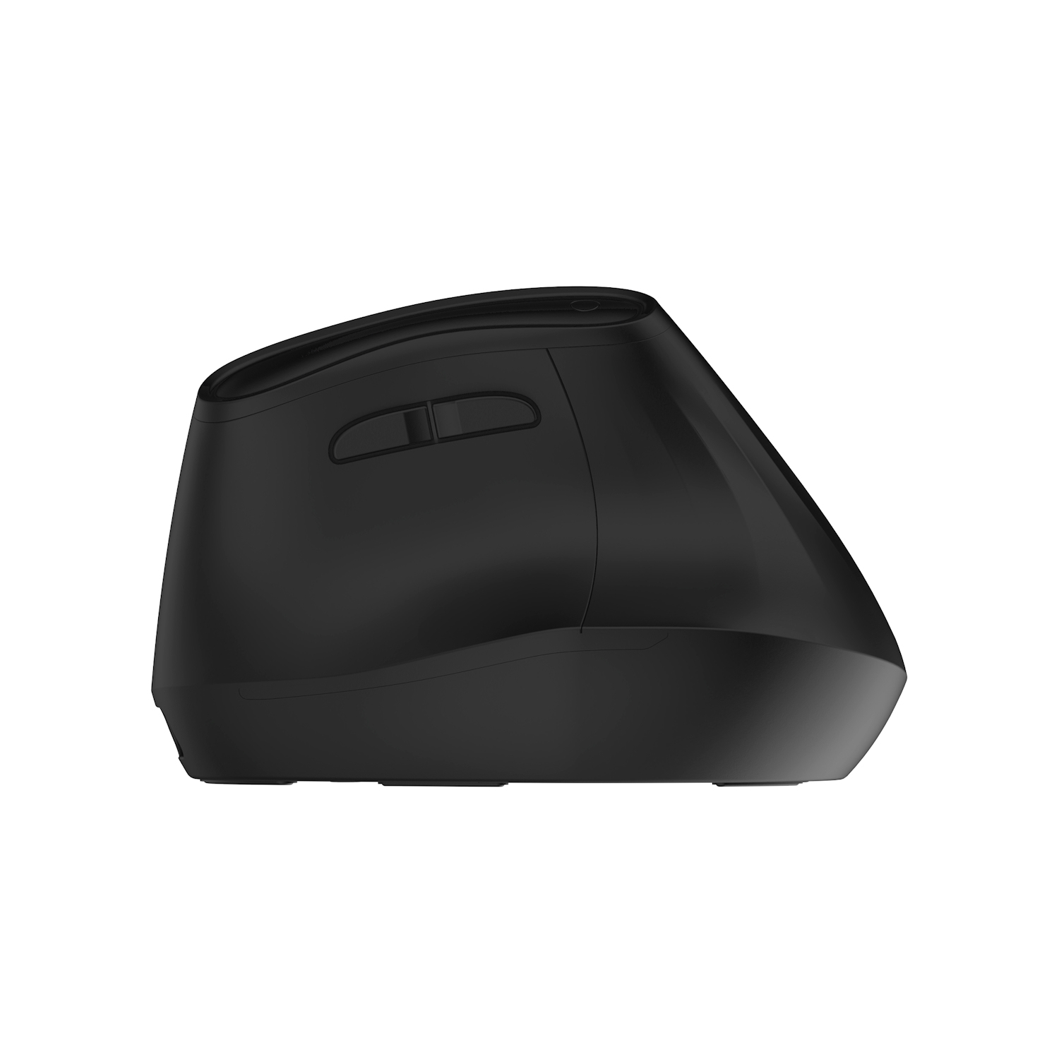 Zwarte ergonomische computermuis met twee zijknoppen en een gebeeldhouwd ontwerp.