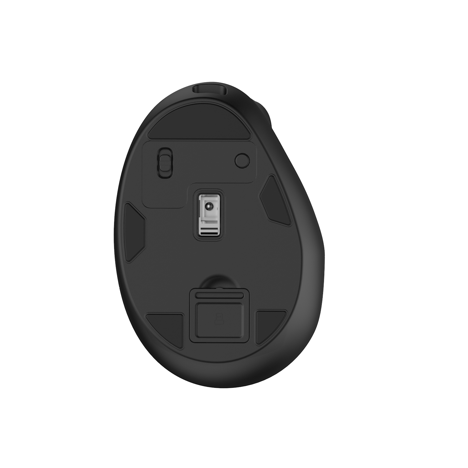 Onderkant van een zwarte ergonomische muis. Toont het batterijvak en andere functies.