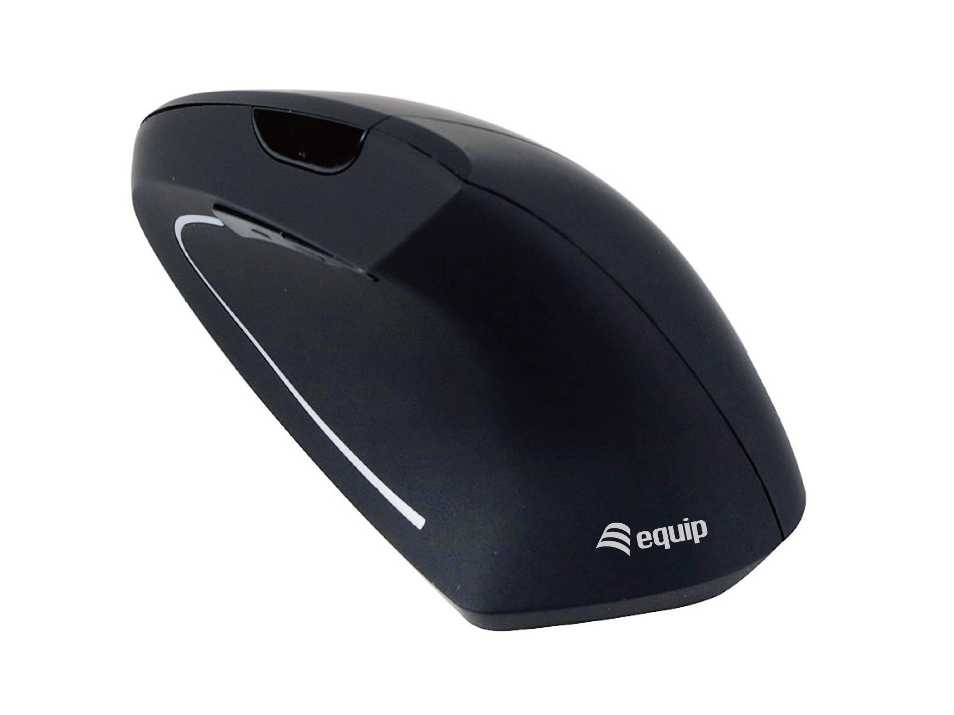 Zwarte equip-muis met een gebogen ontwerp en een witte streep op een witte achtergrond.