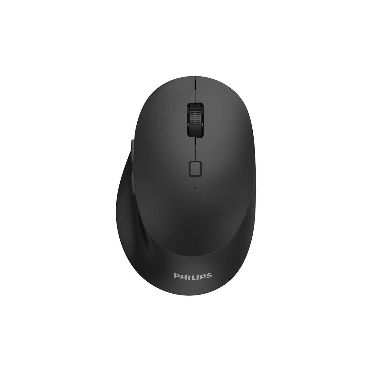 Mouse ergonomico nero con pulsanti laterali e rotella di scorrimento, su sfondo bianco.