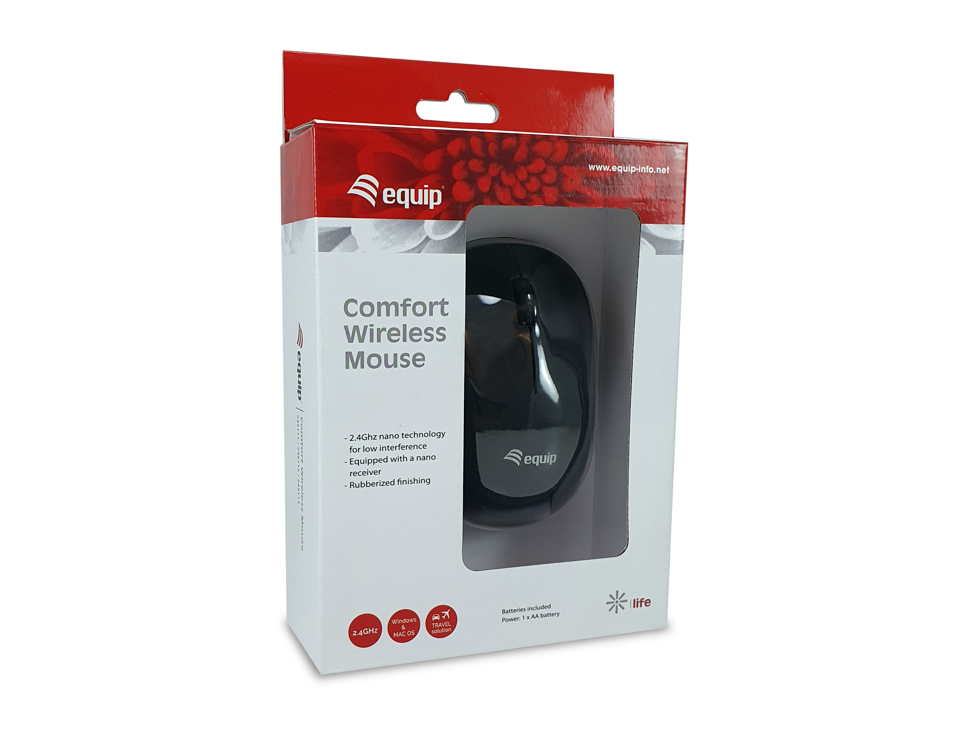 Une souris sans fil noire dans une boîte avec un design blanc et rouge.
