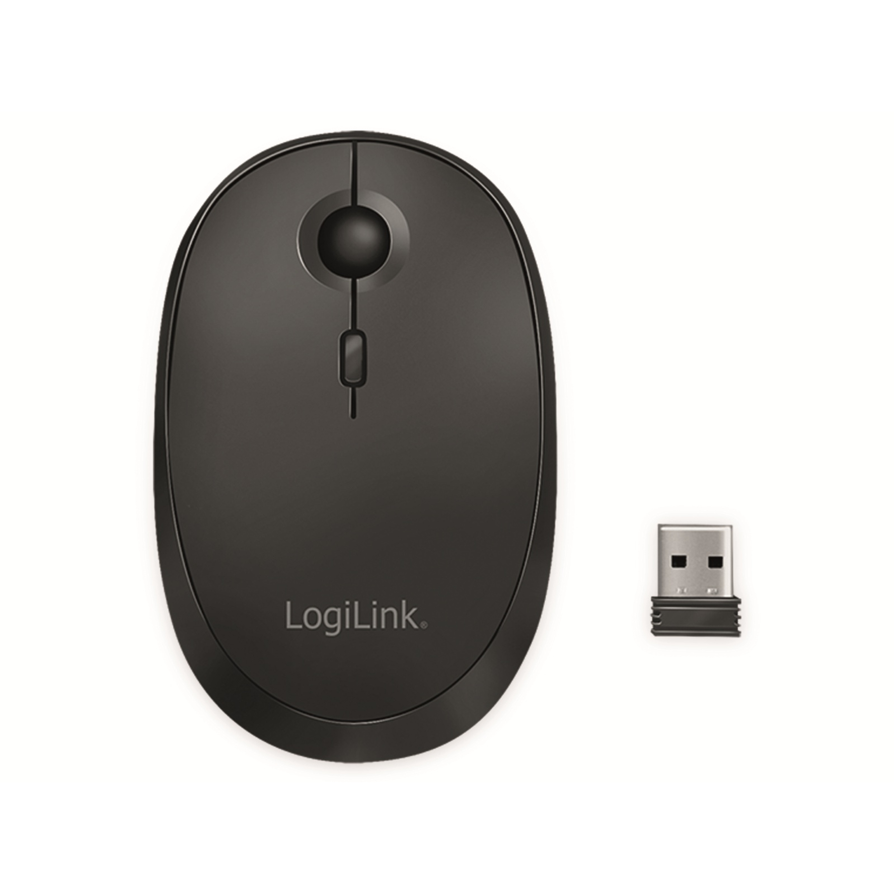 Black computer mouse and a USB receiver on white.