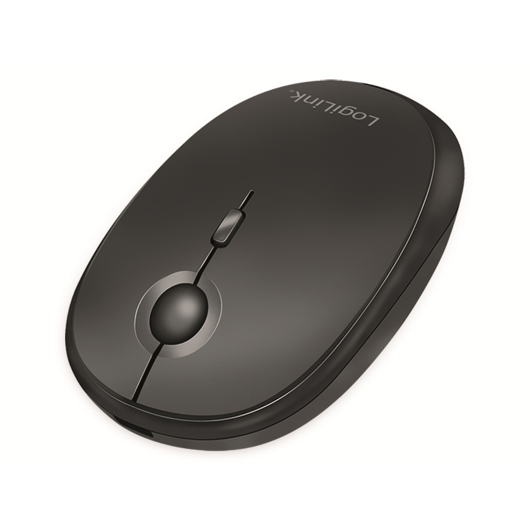 A black Logitech computer mouse, oval shaped, with a scroll wheel and buttons, on white background.