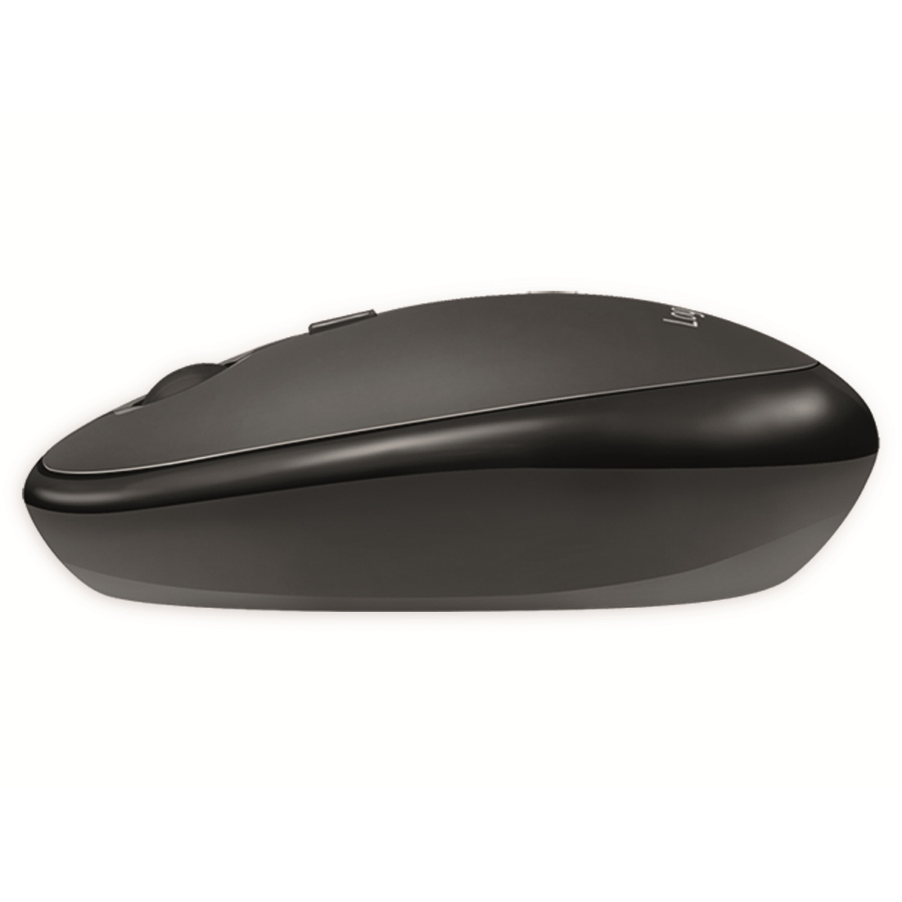 Black mouse side view on white background.