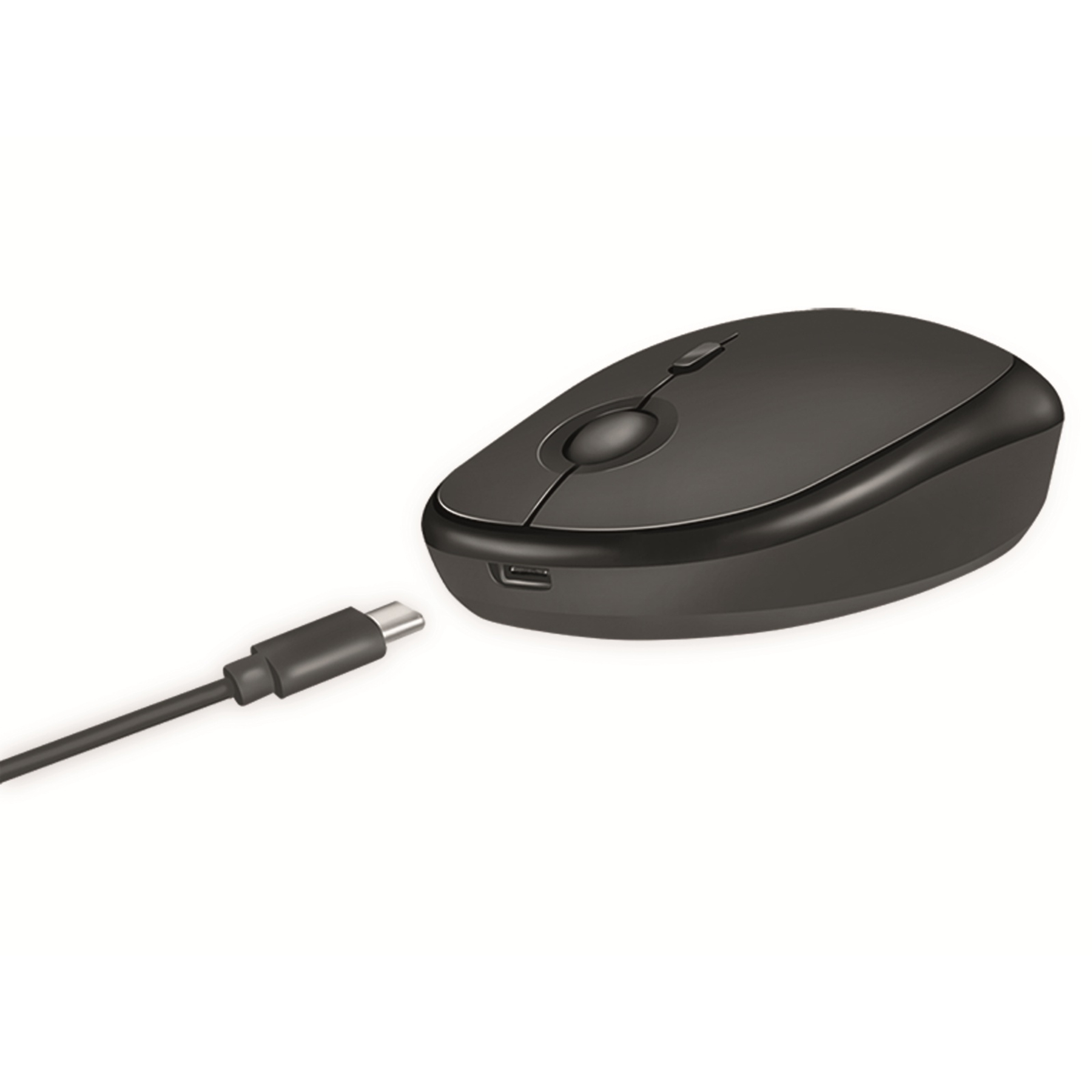 Black mouse with a USB-C cable connected. White background.