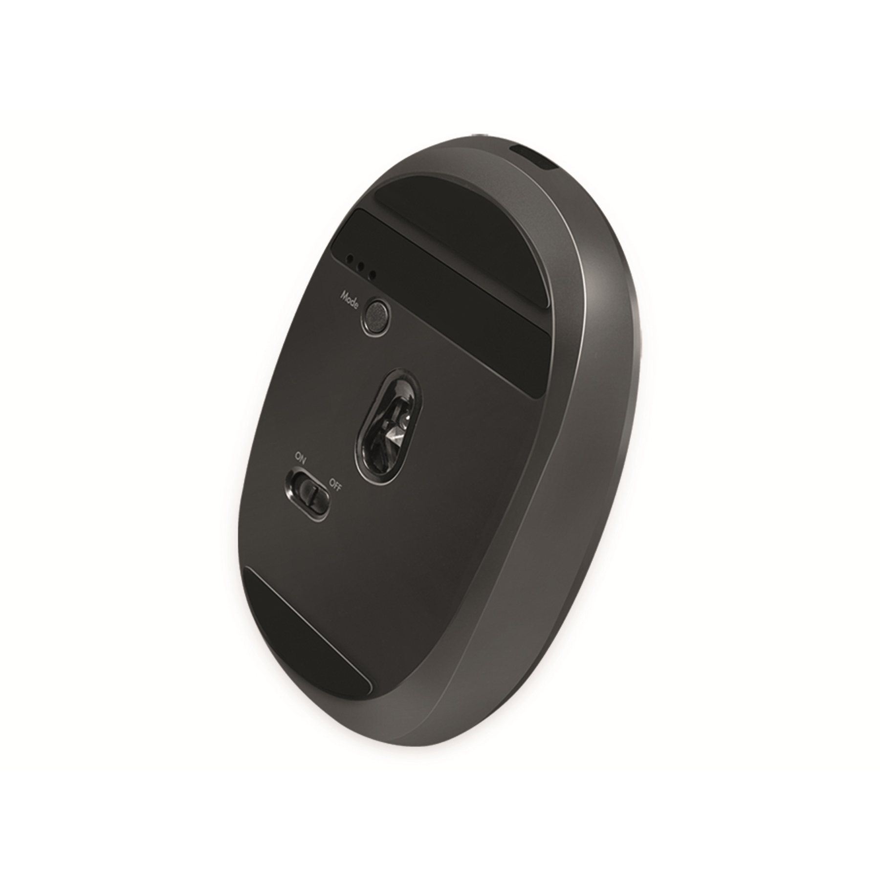 Black mouse, bottom view. Shows the on/off switch and mode button. White background.
