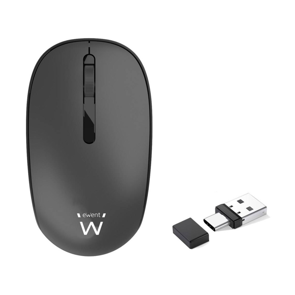 Mouse wireless nero e ricevitore USB su sfondo bianco.