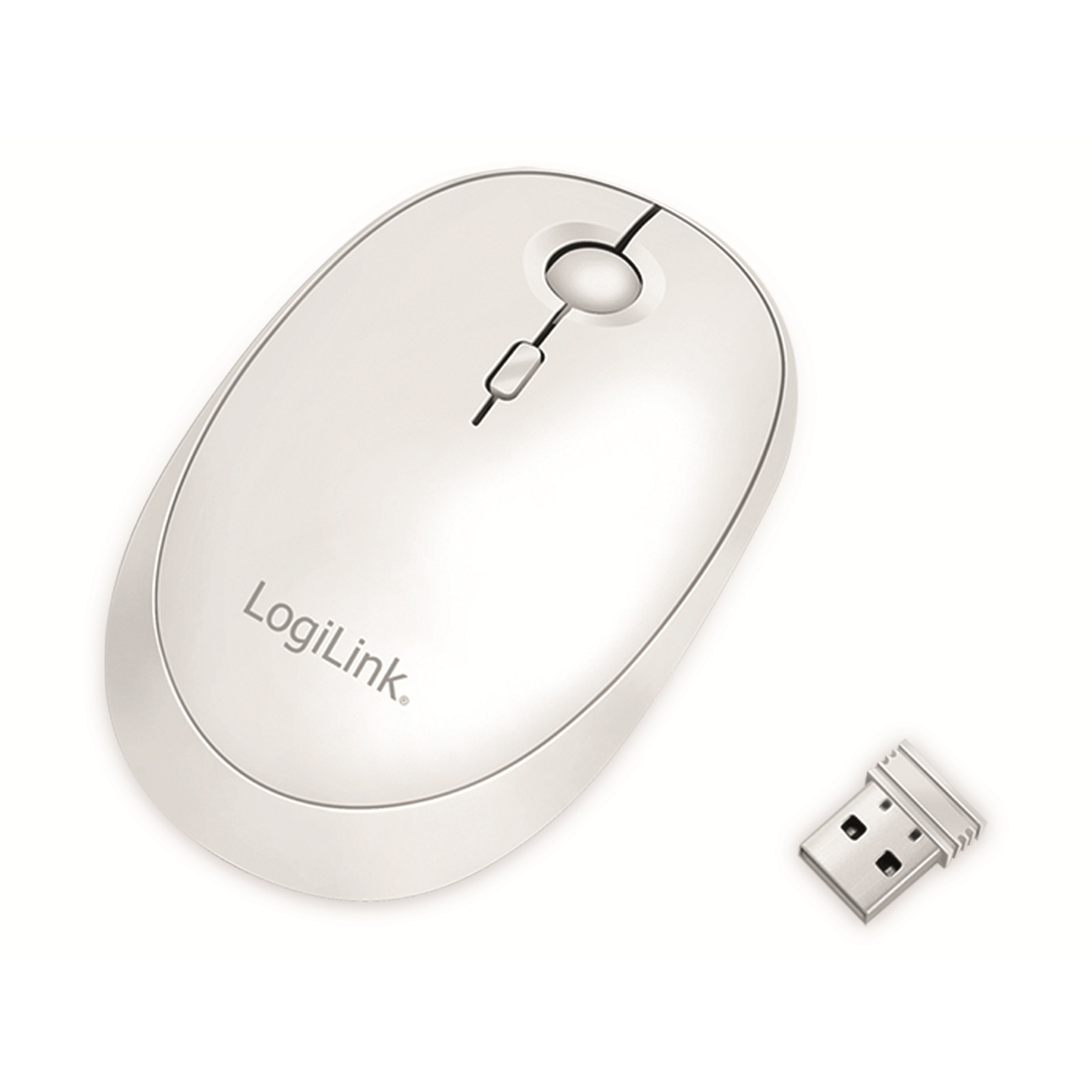 Mouse LogiLink bianco con ricevitore USB. Sfondo bianco.