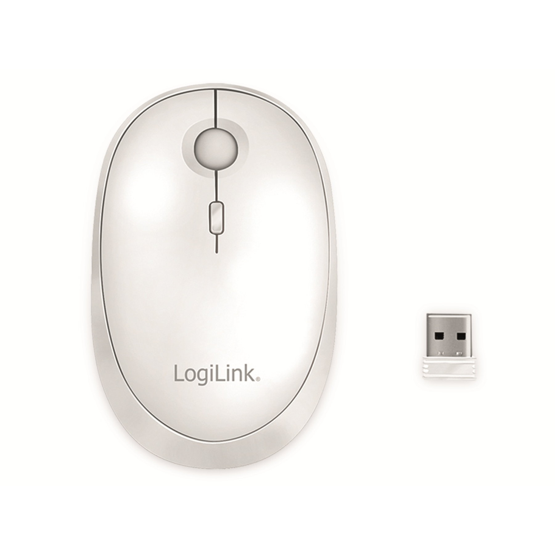 Mouse LogiLink bianco e ricevitore USB su bianco. Vista dall'alto.