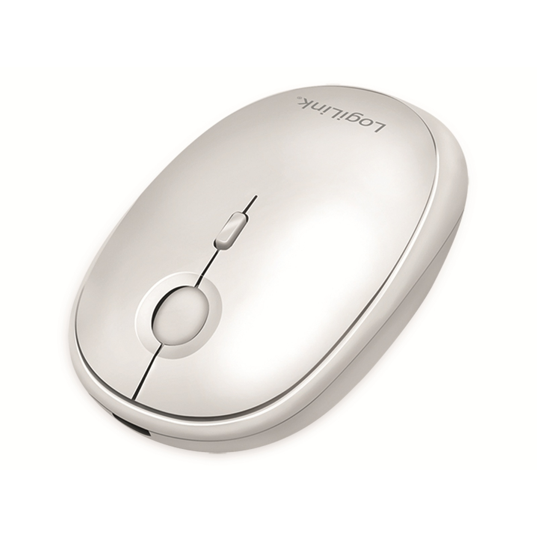 Un mouse bianco con una rotella di scorrimento e un marchio scritto sopra.