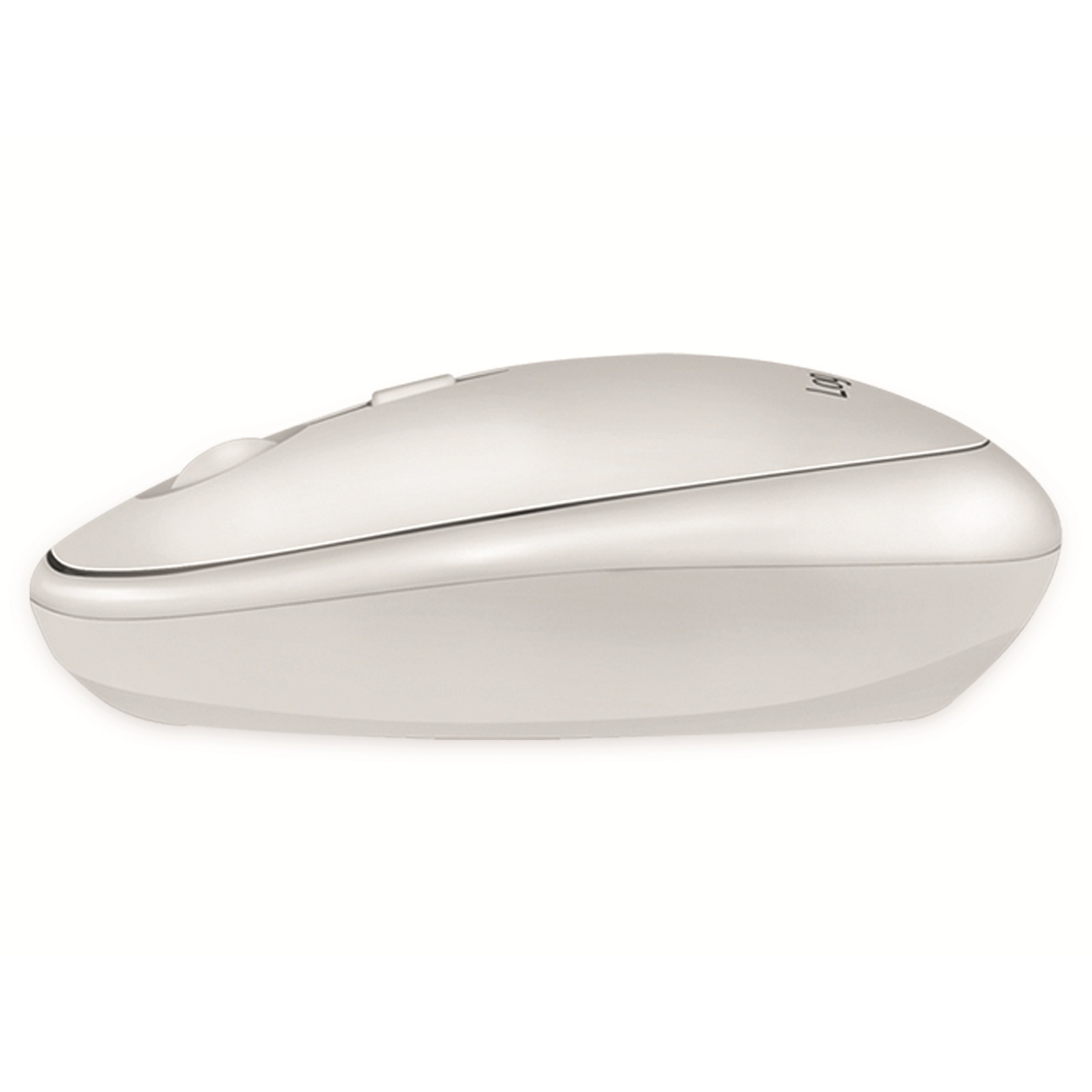 Un mouse per computer color crema, visto di lato.