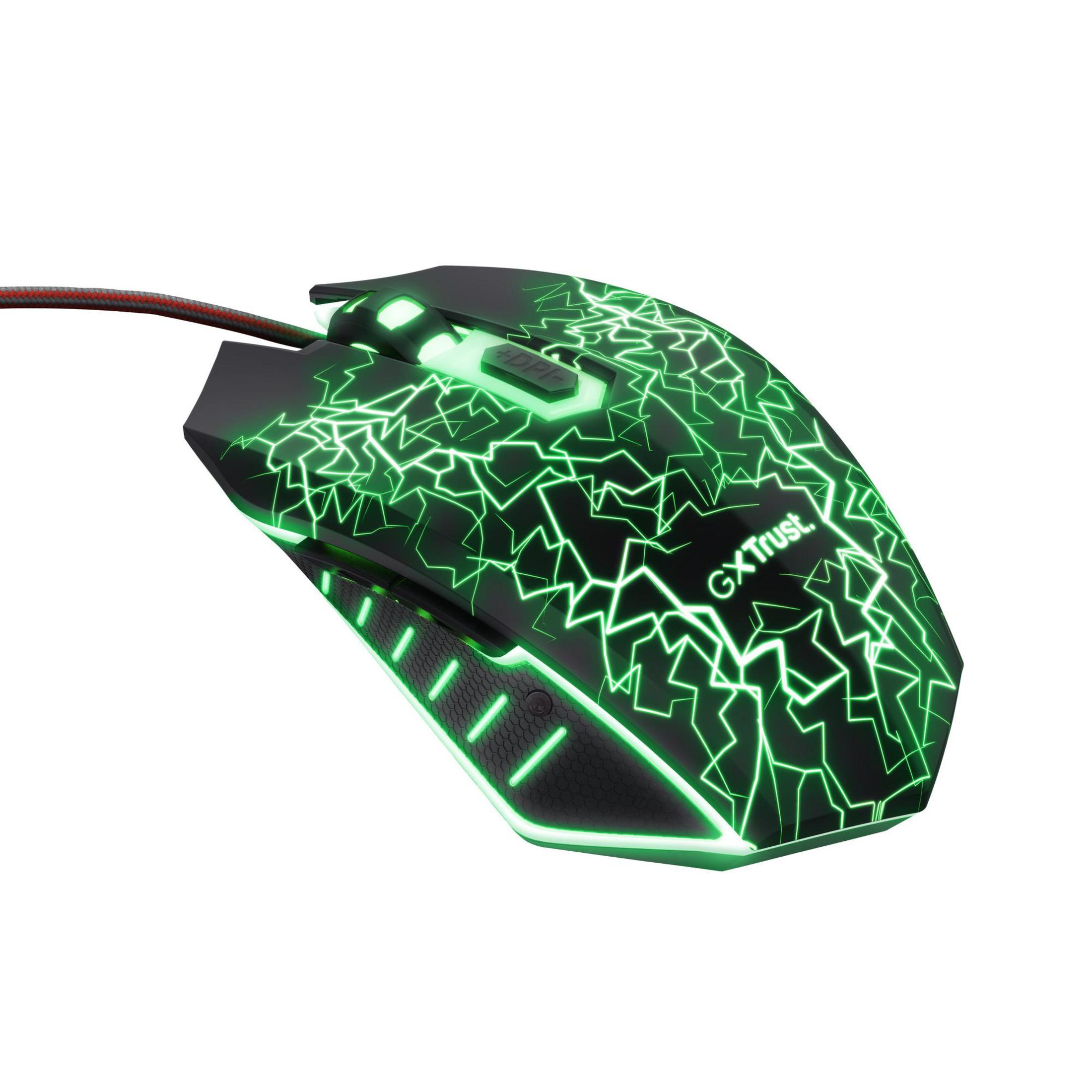 Schwarze Gaming-Maus mit grünem Blitzdesign auf Weiß. Schräge Ansicht.