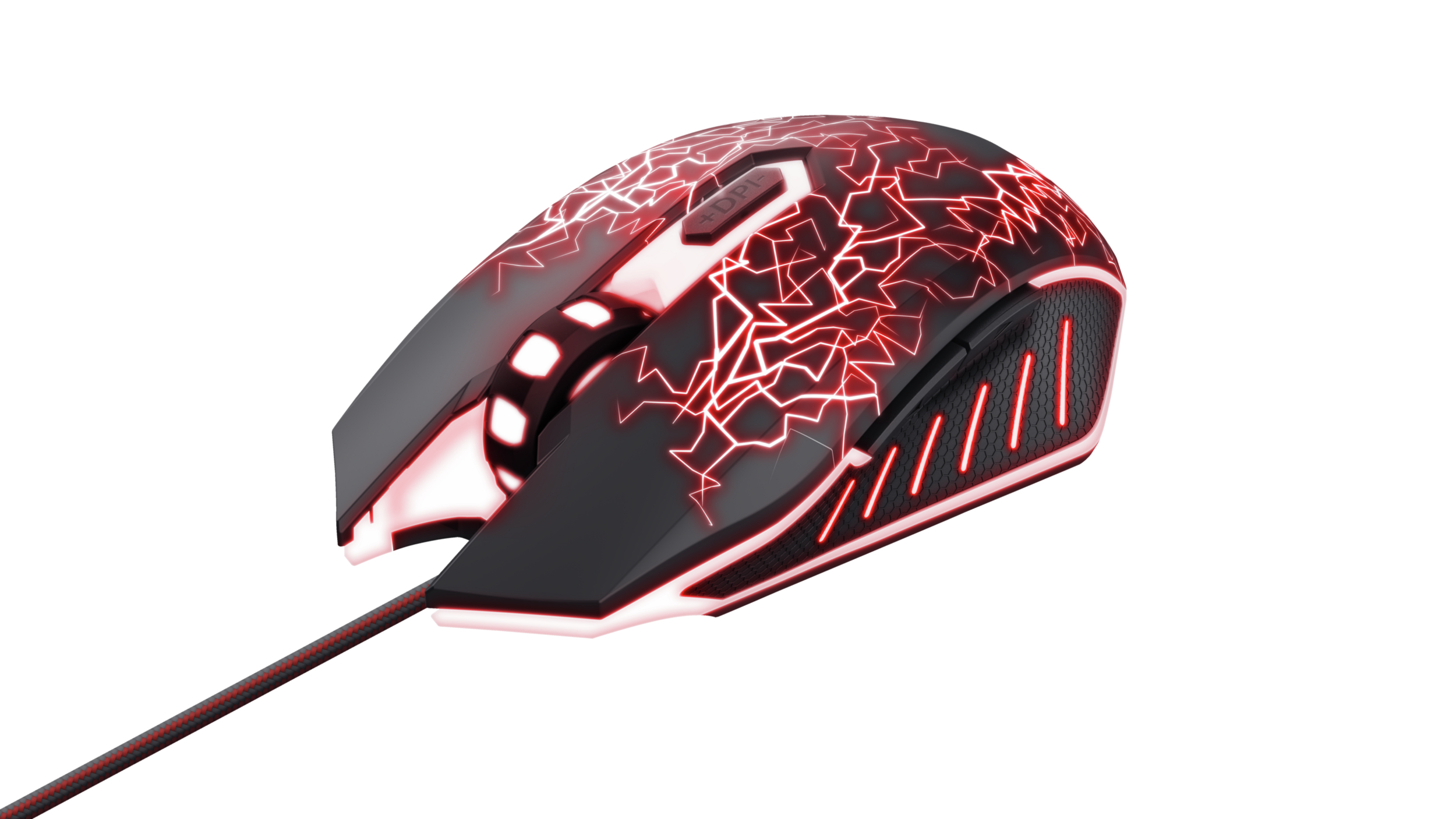 Schwarze und rote Gaming-Maus mit roten Lichtern, einem Scrollrad und Seitentasten.