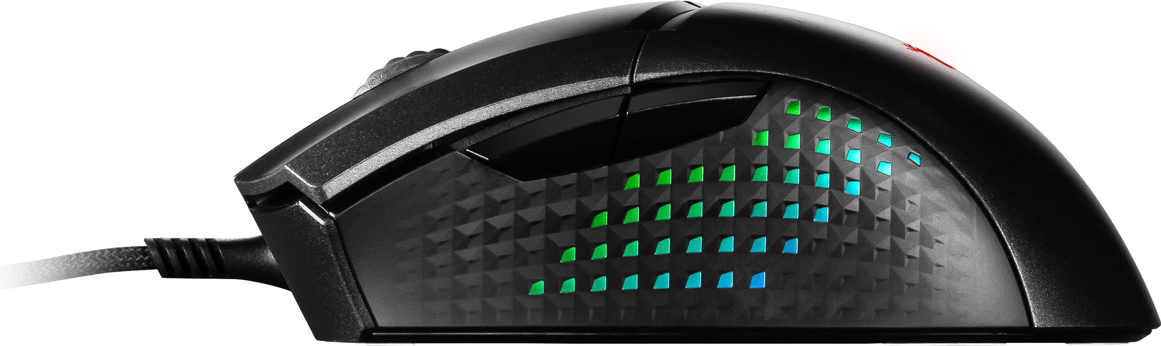 Czarna mysz do gier z kolorowymi światłami, na białym tle, z kablem.