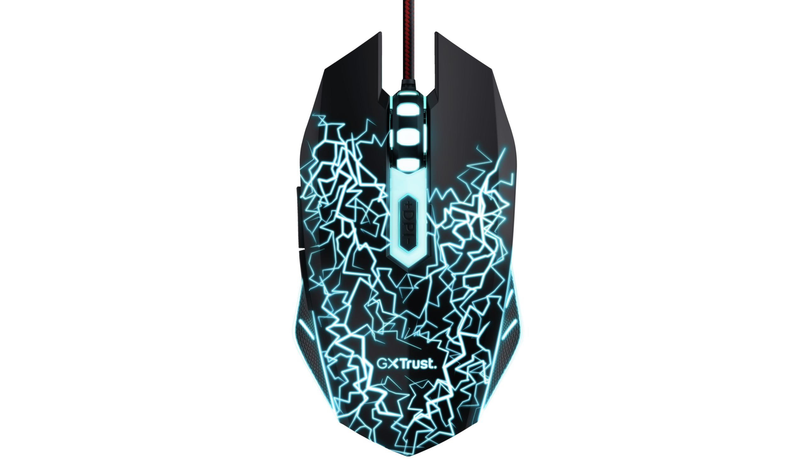 Schwarze Gaming-Maus mit blauem Blitzdesign. Mit blauem Licht und Logo.