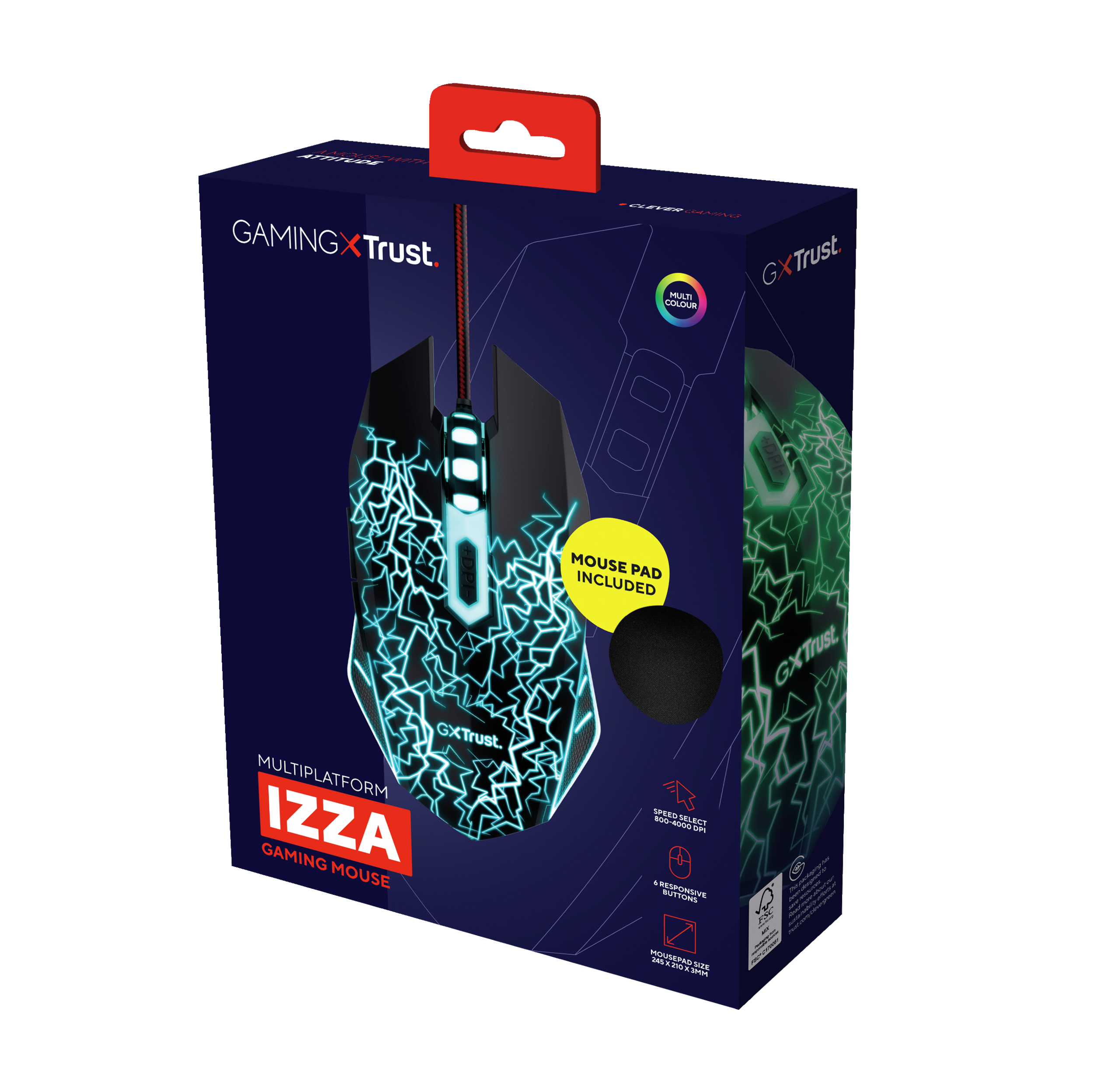Gaming-Maus in einer Box, mit Mauspad. Die Maus hat ein Blitzdesign.