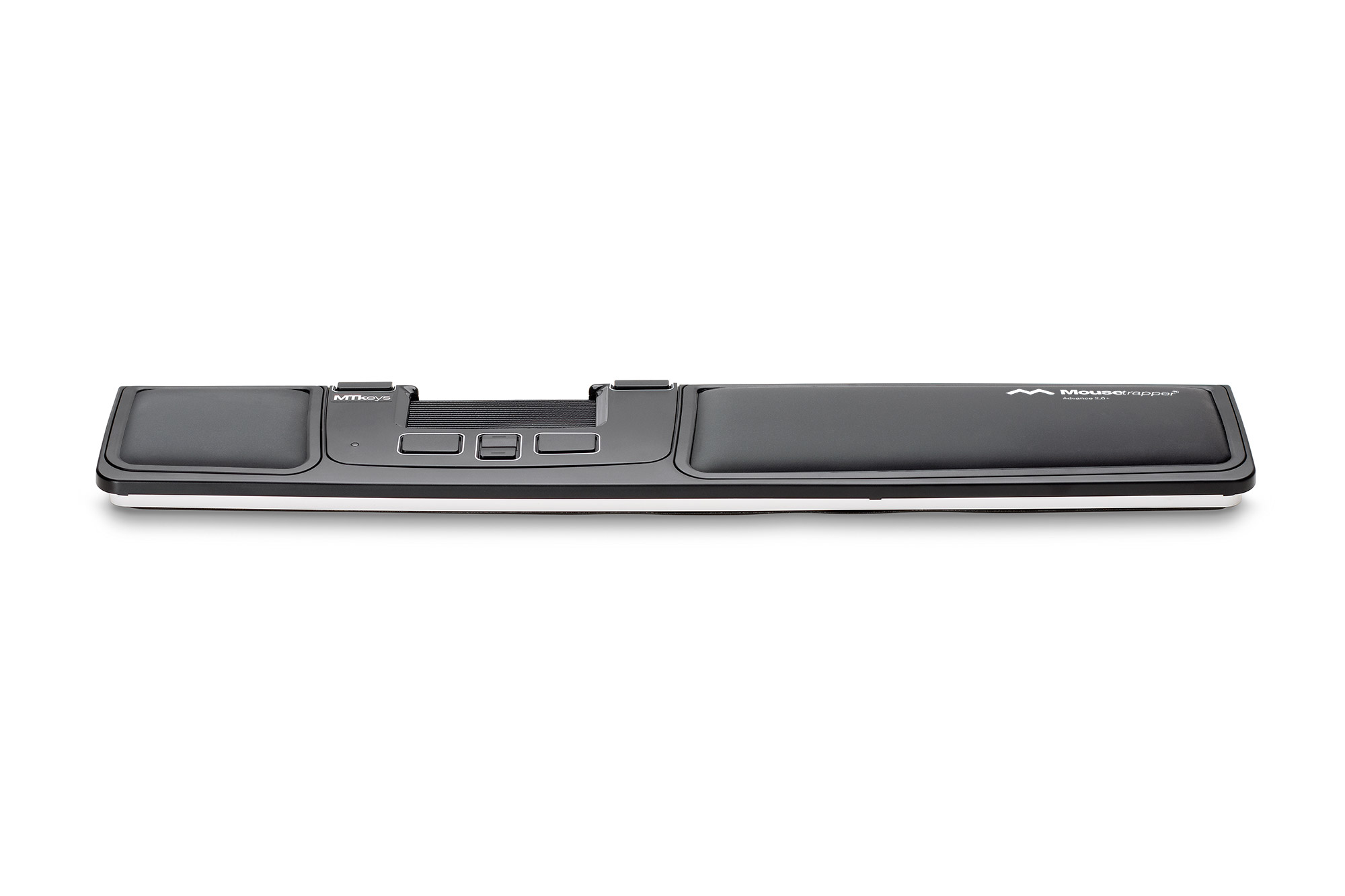 Un mousepad ergonómico negro con botones de función y un trackpad.