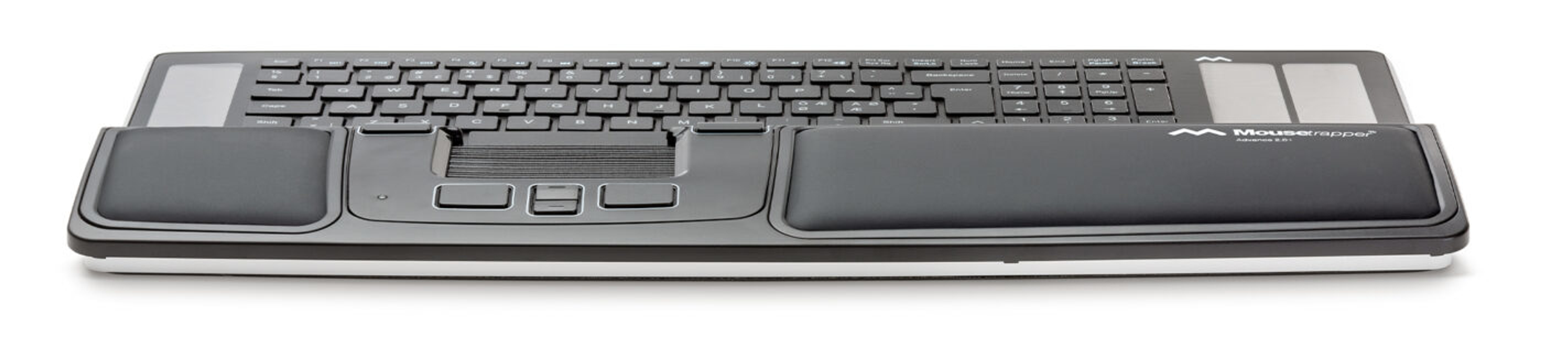 Teclado negro con touchpads y reposamuñecas. Fondo blanco.