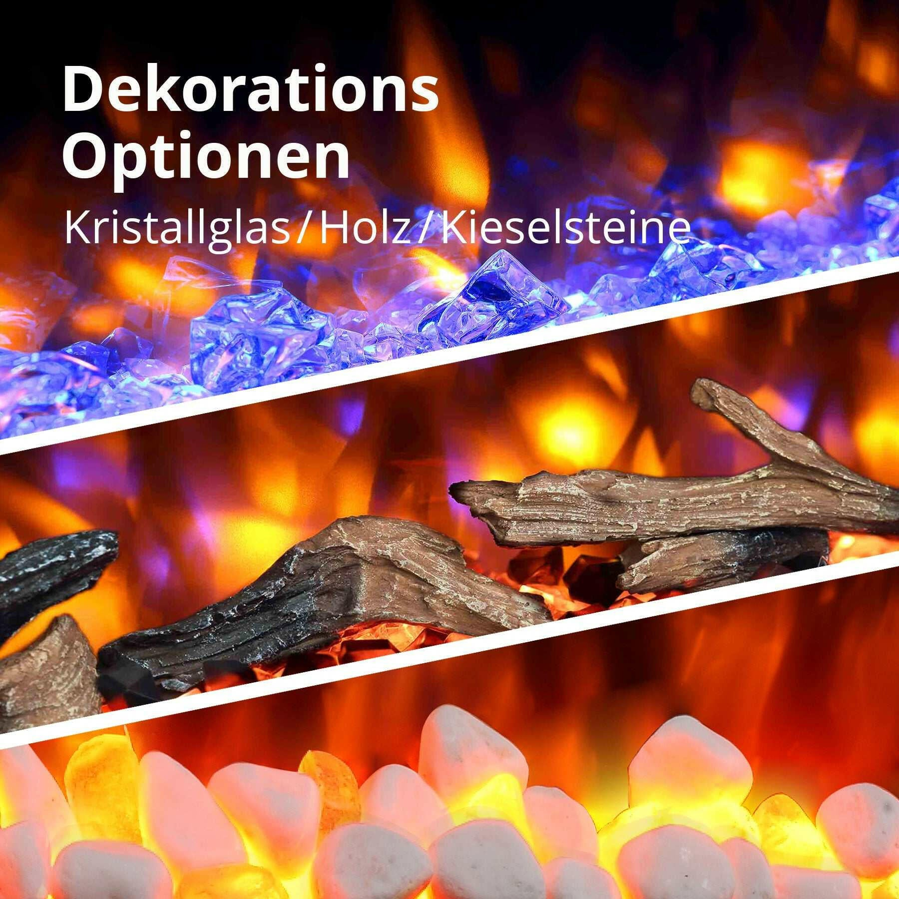 Nahaufnahme der Kamin-Flammenoptionen: Kristallglas, Holz und Kieselsteine. Jede Option zeigt einen anderen Flammeneffekt.