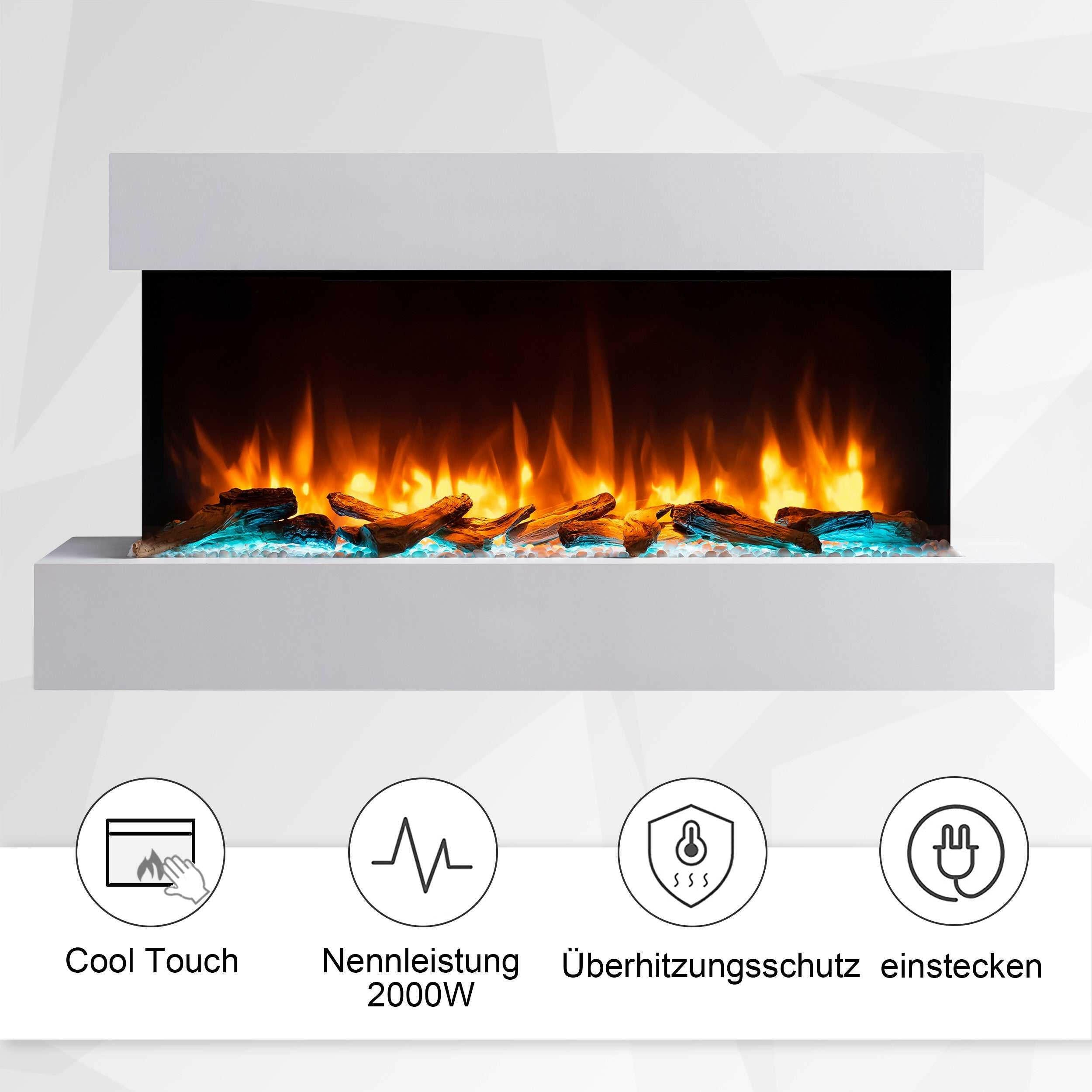 Weißer elektrischer Kamin mit Flammen, Holzscheiten und Symbolen: kühle Berührung, Leistung, Überhitzungsschutz.