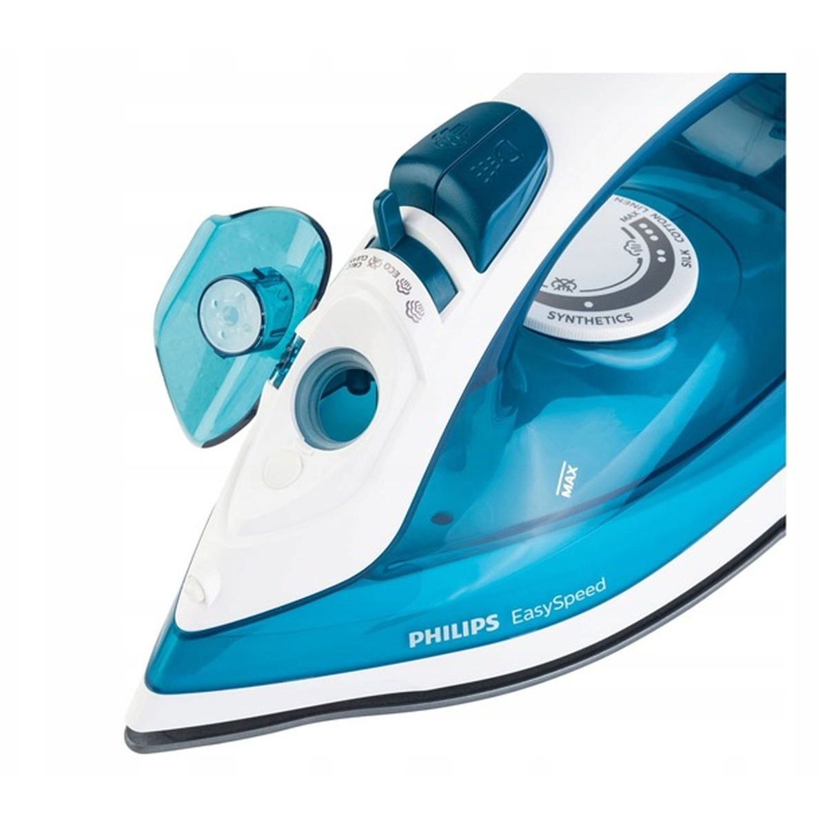 Plancha Philips blanca y azul, vista superior. Dial de ajustes, depósito de agua y botón.