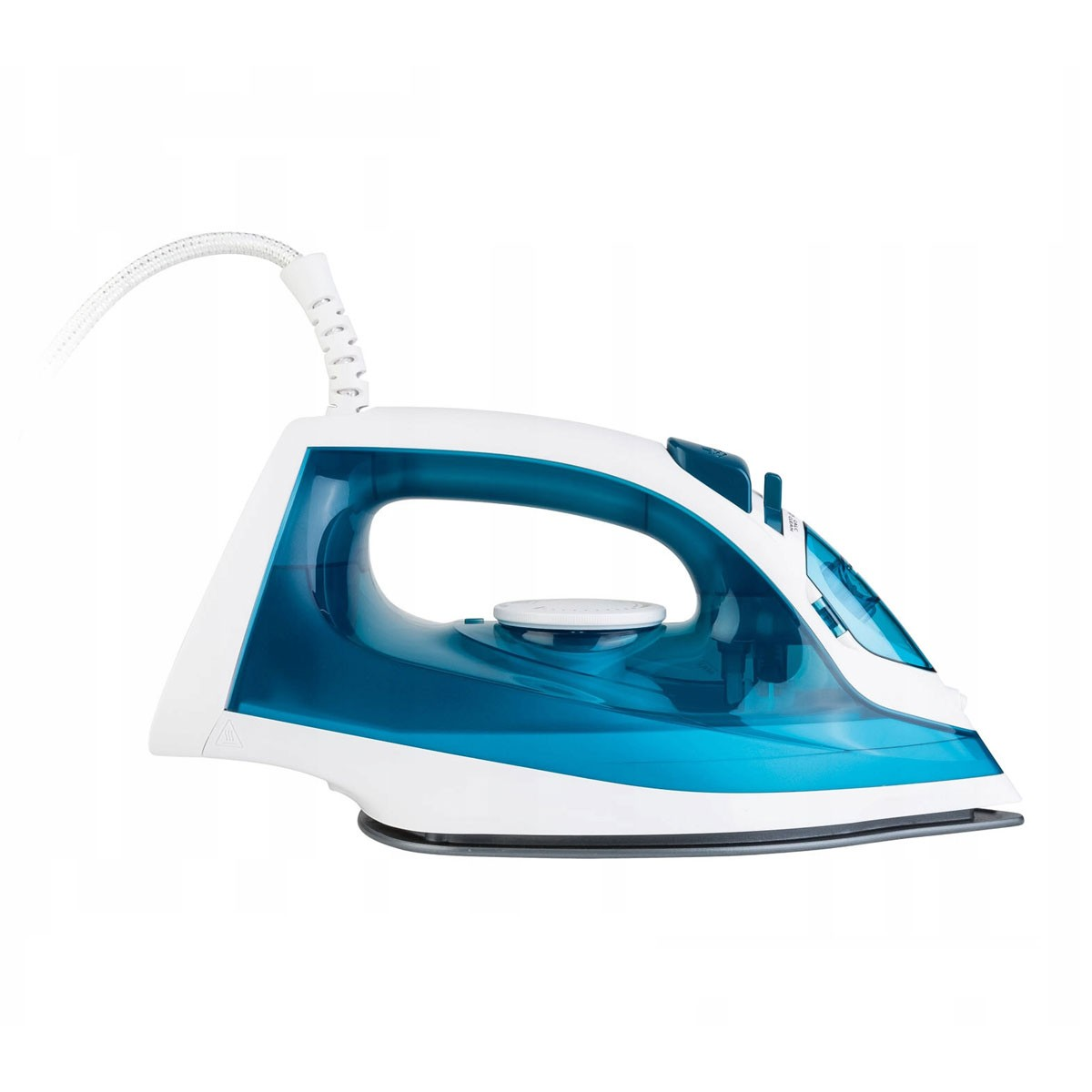 Plancha blanca y azul sobre superficie blanca, con cable blanco.