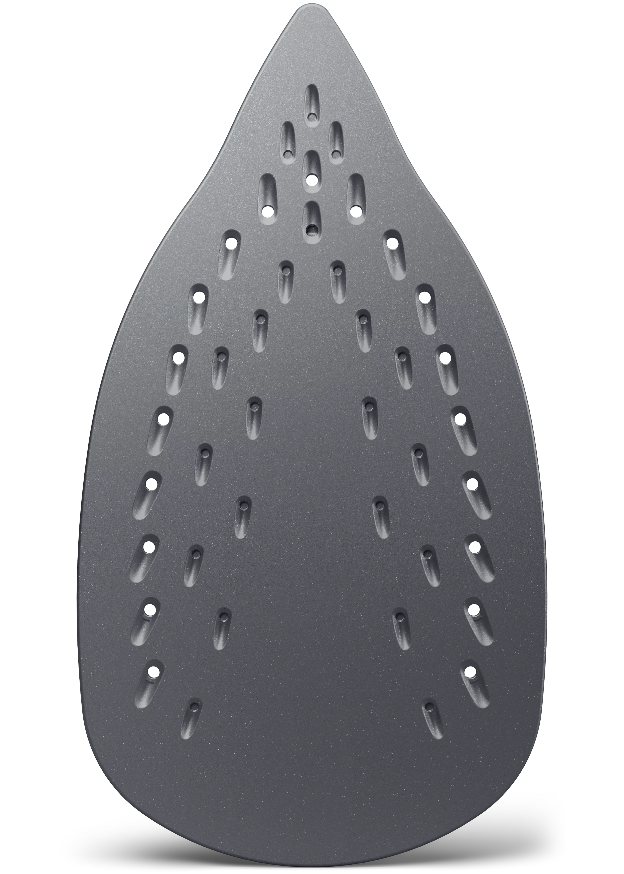 Primer plano de la suela de una plancha gris con múltiples orificios de vapor.