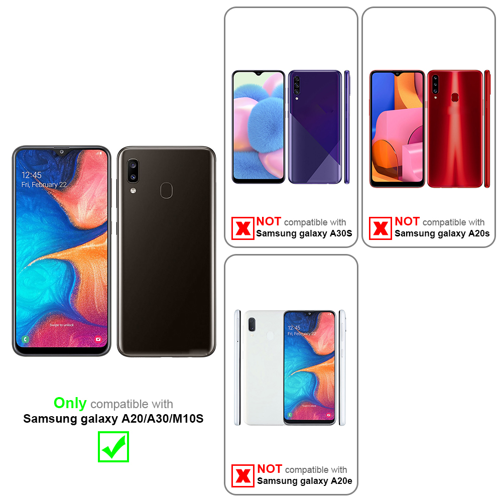 Immagini di telefoni con dettagli di compatibilità. Compatibile solo con Samsung galaxy A20/A30/M10S. Altri no.