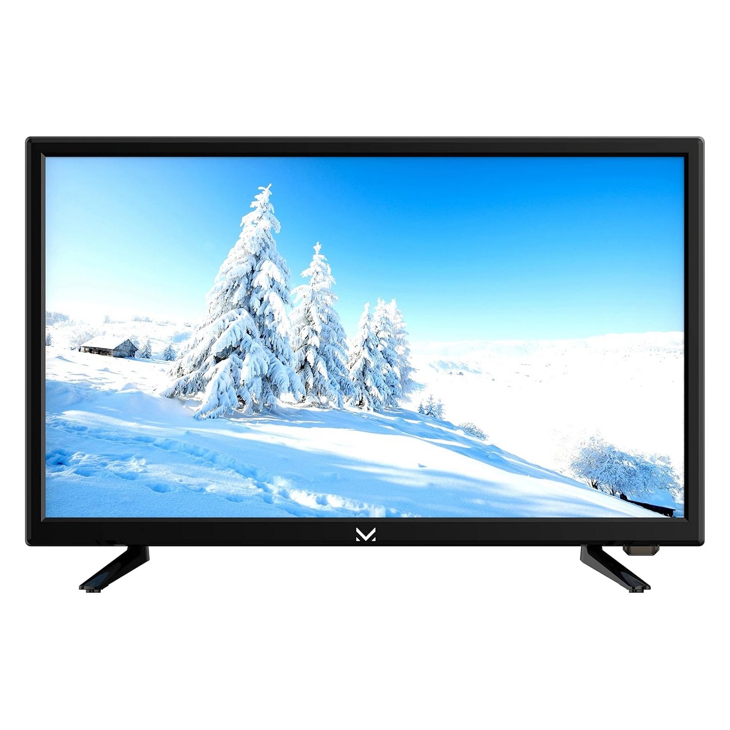 TV a schermo piatto che mostra una scena di montagna innevata e pini.