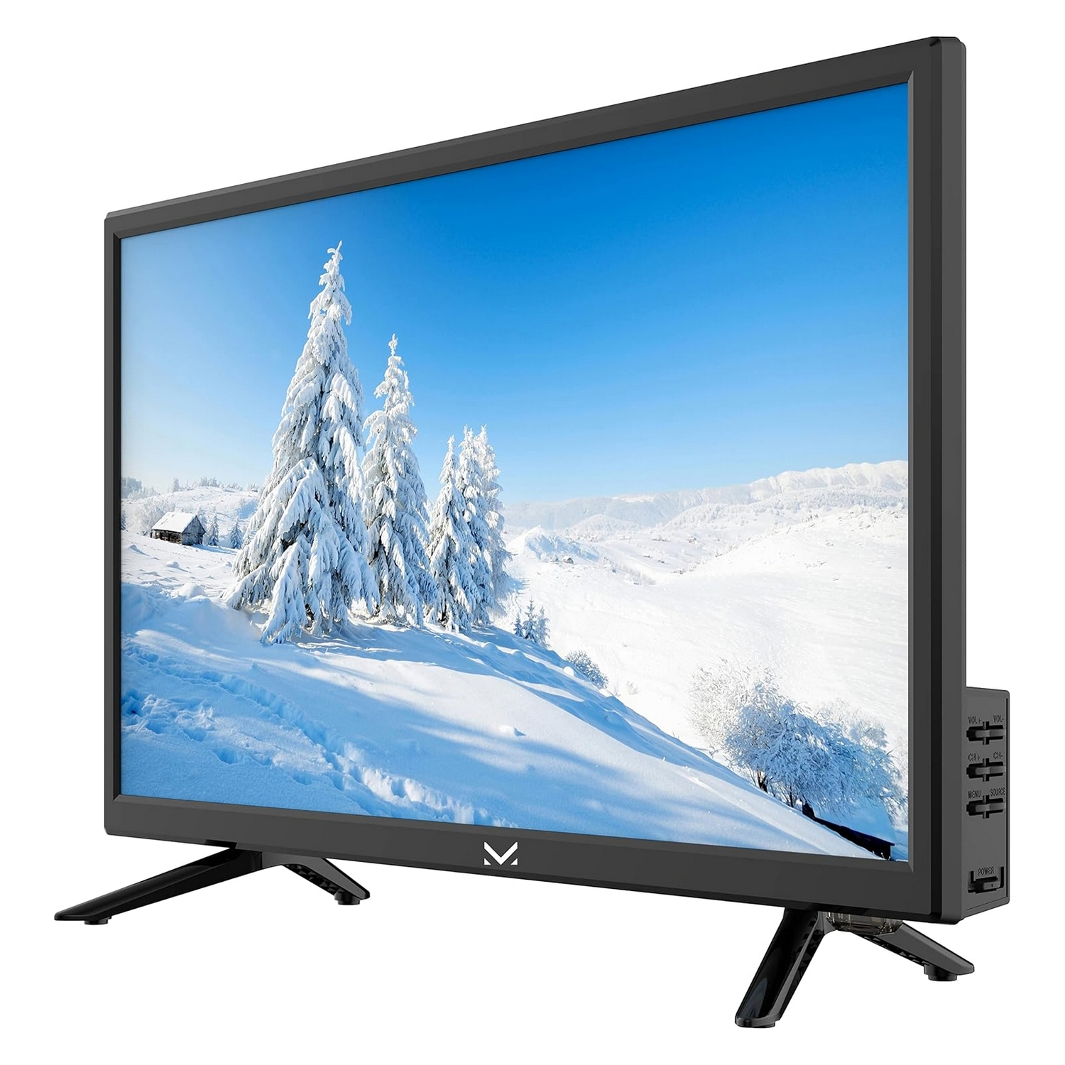 Una TV nera che mostra un paesaggio innevato con alberi e montagne.