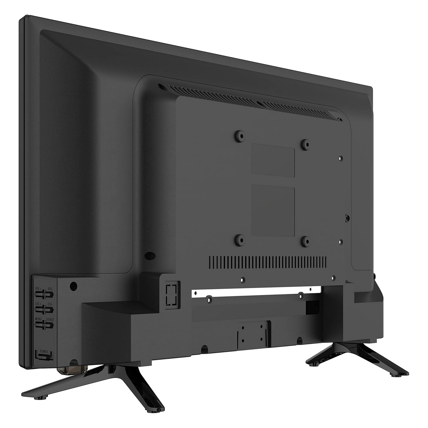 Vista posteriore di una TV nera con supporti. Mostra porte e prese d'aria.