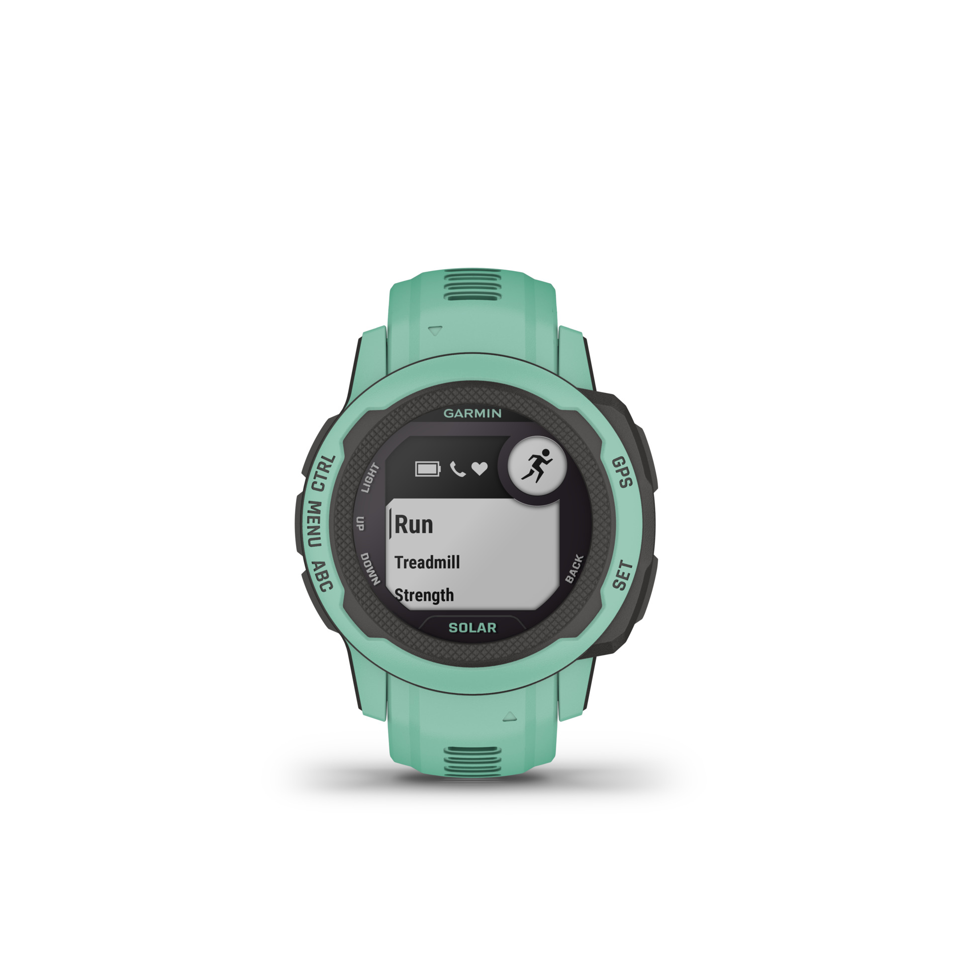 Eine mintgrüne Garmin-Uhr mit einem schwarzen Bildschirm, der 'Run' und andere Optionen anzeigt. Weißer Hintergrund.