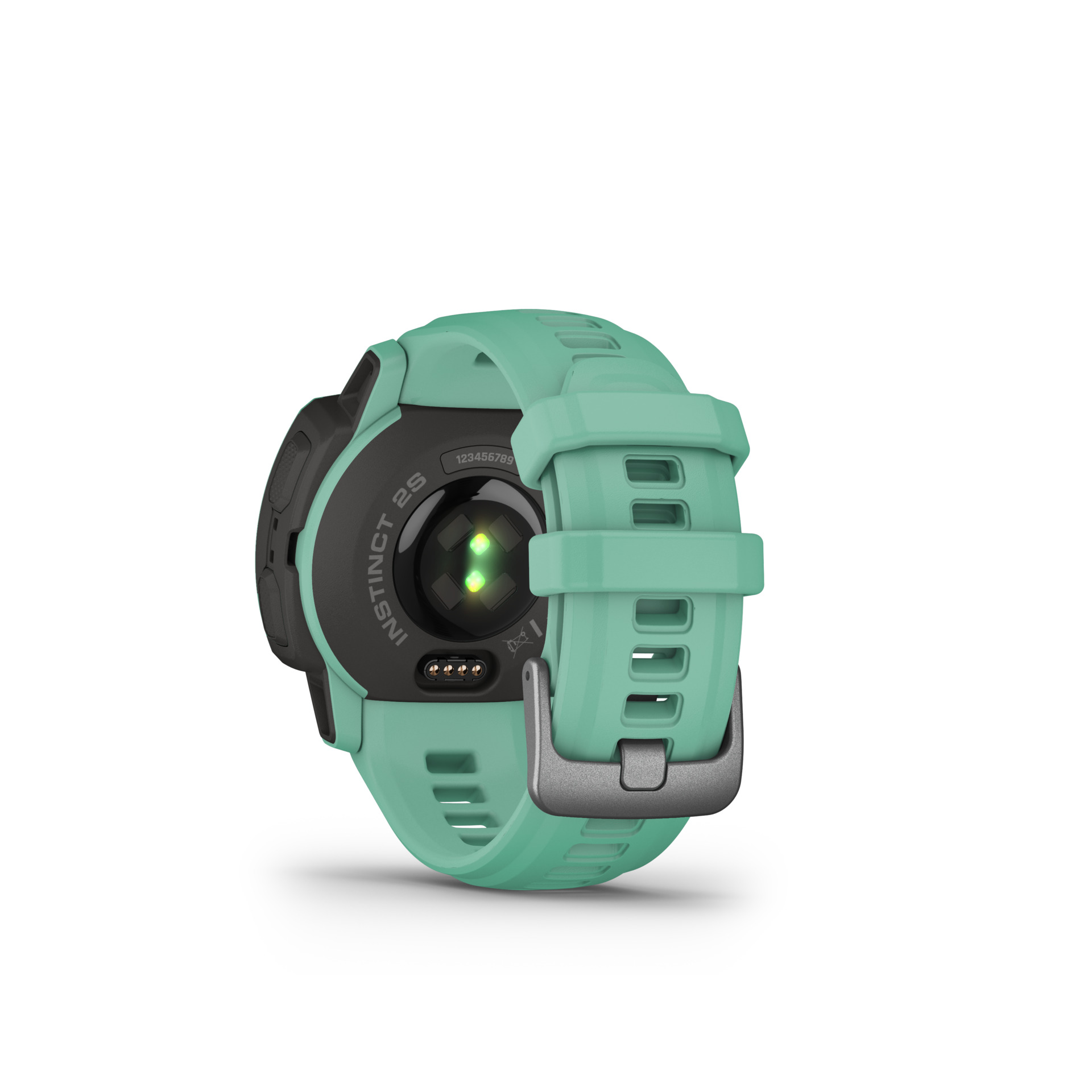 Minzgrüne Garmin Instinct 2S Smartwatch. Die Rückseite zeigt Sensoren und ein Armband mit Schnalle.