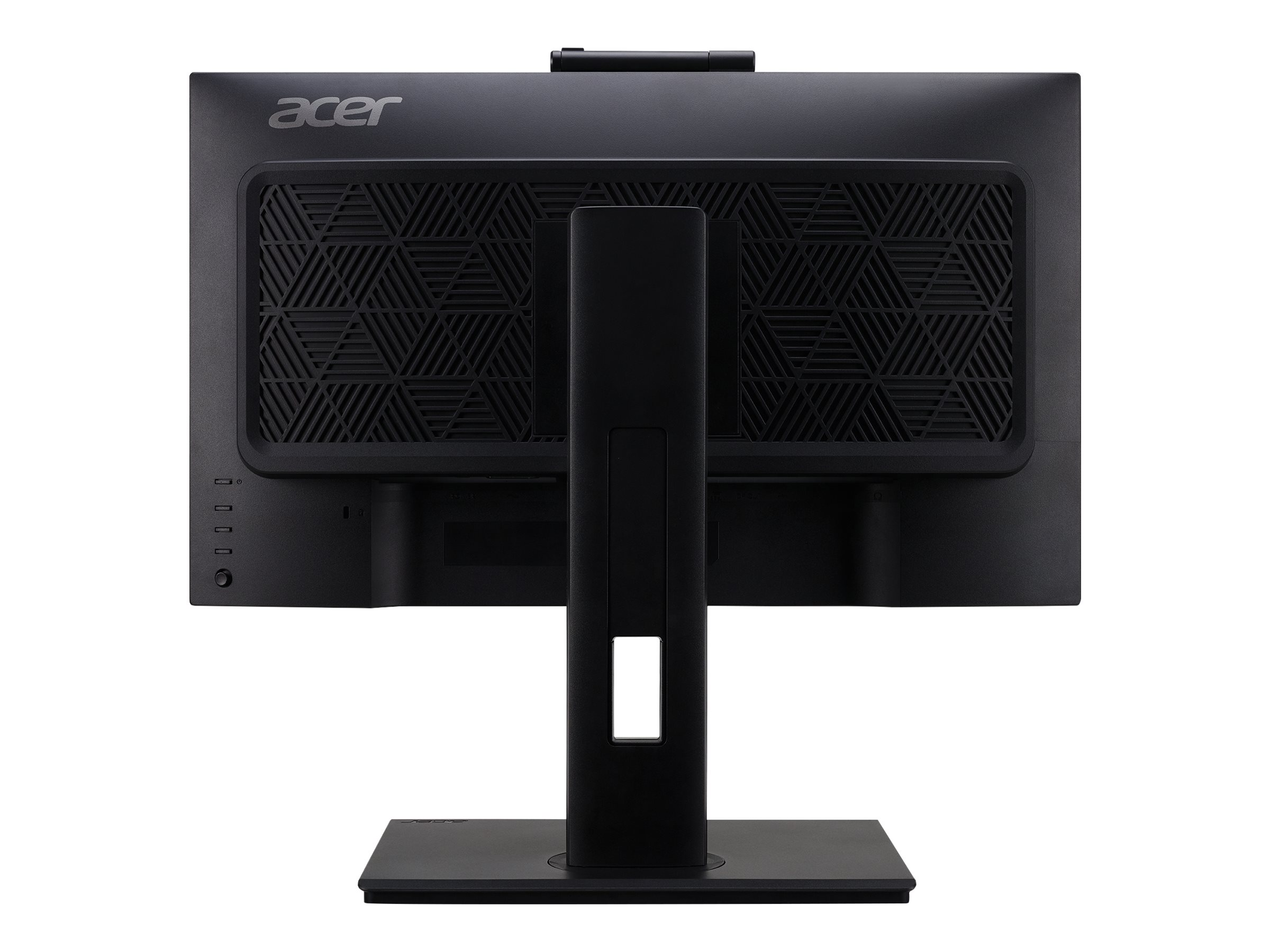 La parte posteriore di un monitor Acer nero con un supporto nero. Il supporto è al centro del monitor.