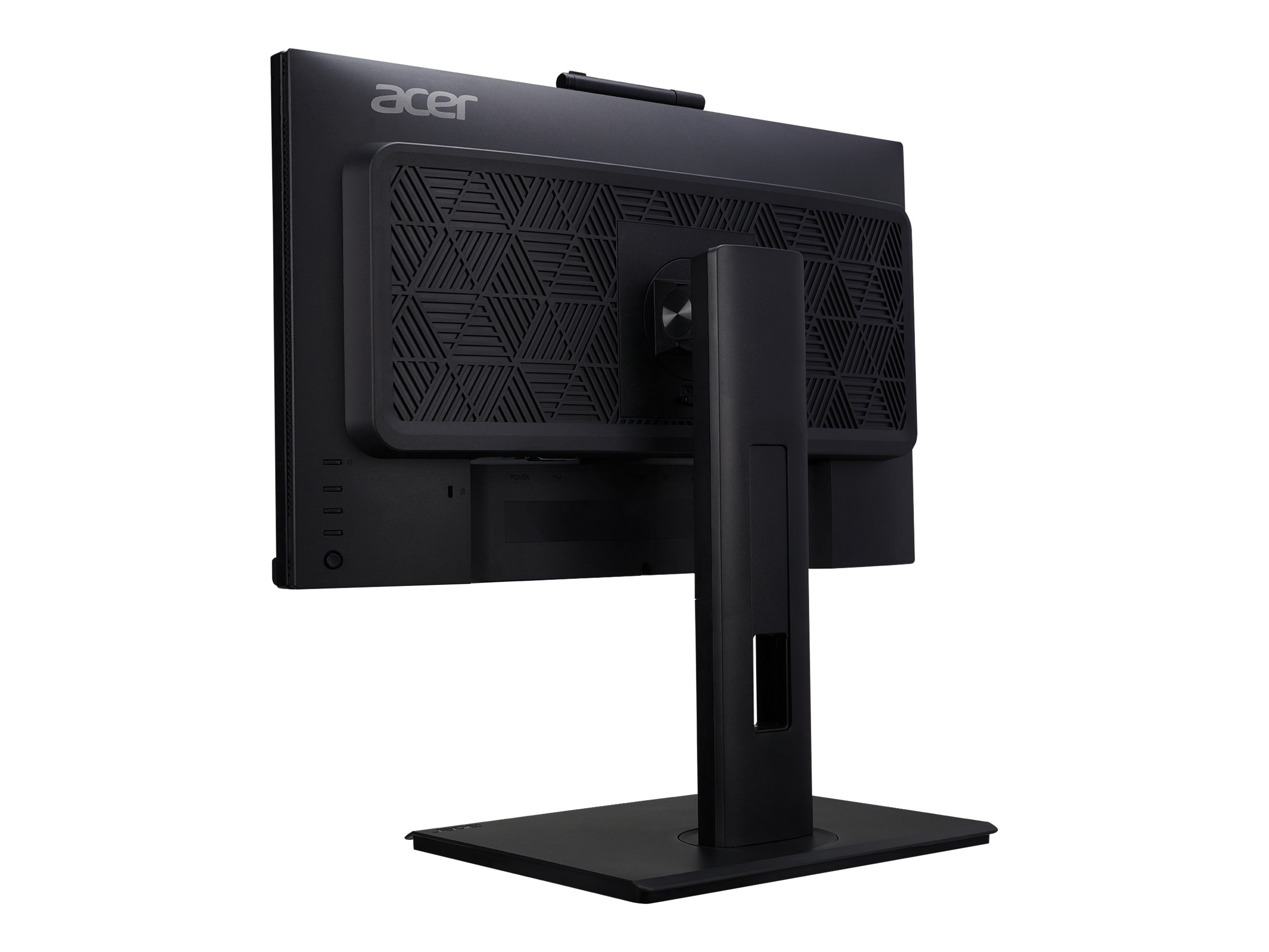 Monitor del computer nero con supporto e griglia di ventilazione sul retro.