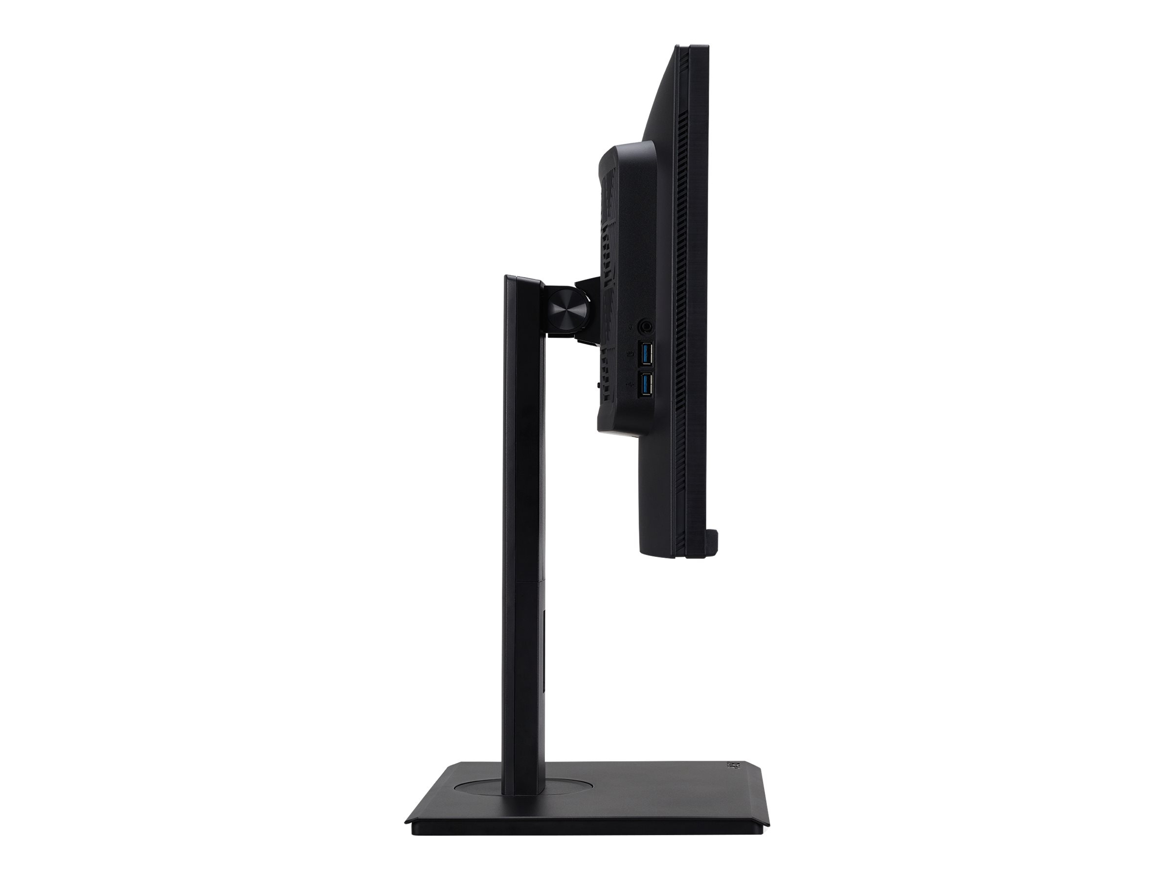 Un monitor del computer dalla vista laterale con una cornice e un supporto neri.