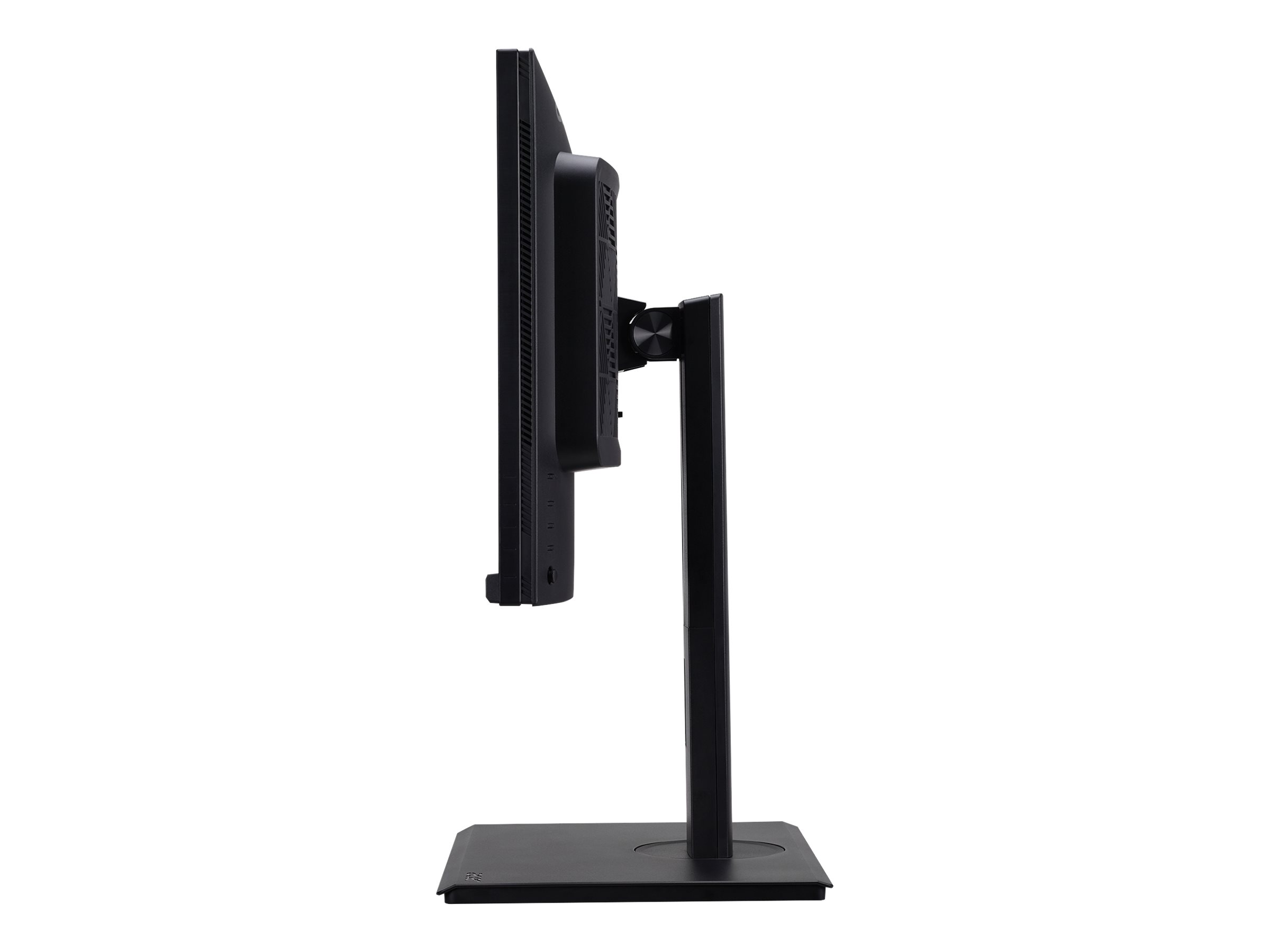 Monitor del computer nero su un supporto nero. Vista laterale, sfondo bianco.