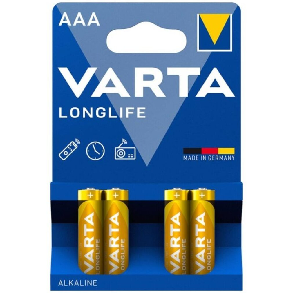 Varta Longlife batteries pack. Blue packaging with batteries. White background.